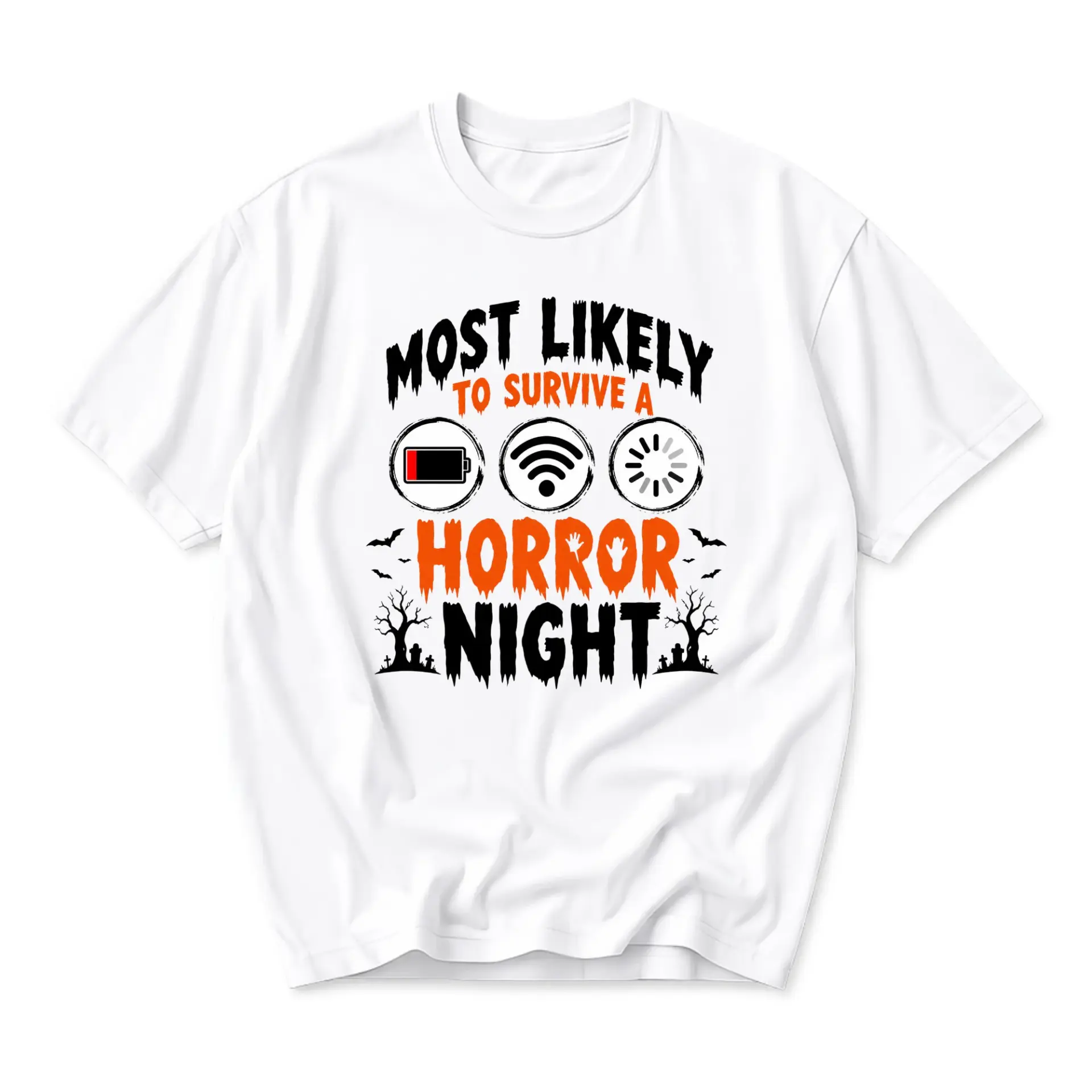 Funny Shirt Most Likely to Survive a Horror Night Graphic Tee Casual Unisex Crew Neck Top for Halloween Enthusiasts