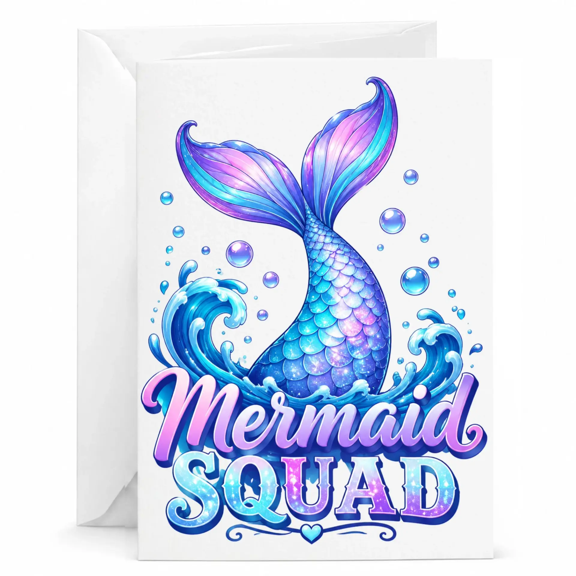Greeting Card Mermaid Squad Theme Nautical Watercolor Art Illustration Printed Folded Note for Any Occasion