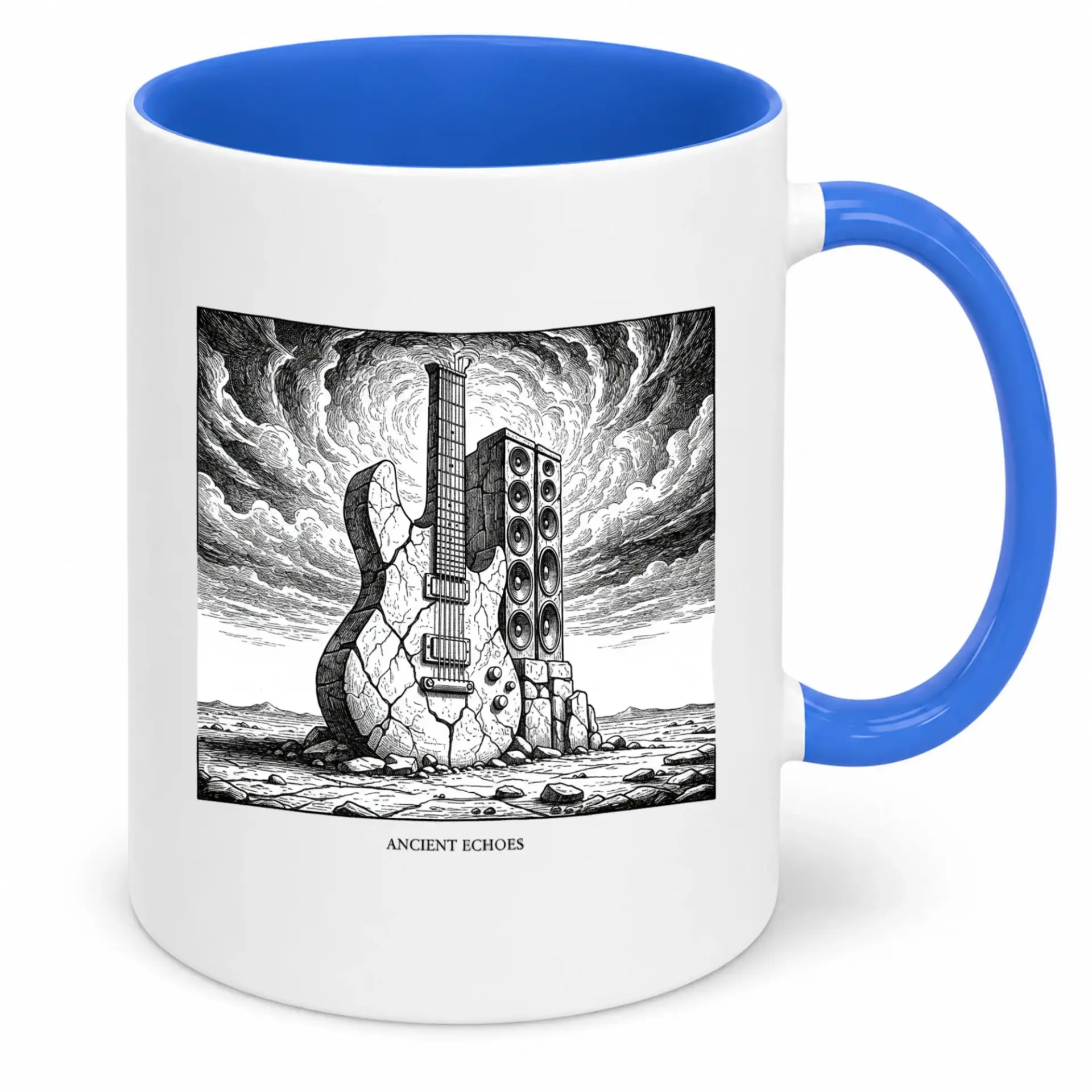 Artistic Rock Music Themed Ceramic Coffee Mug with Ancient Guitar and Speaker Design, 11oz or 15oz Beverage Cup for Home Office