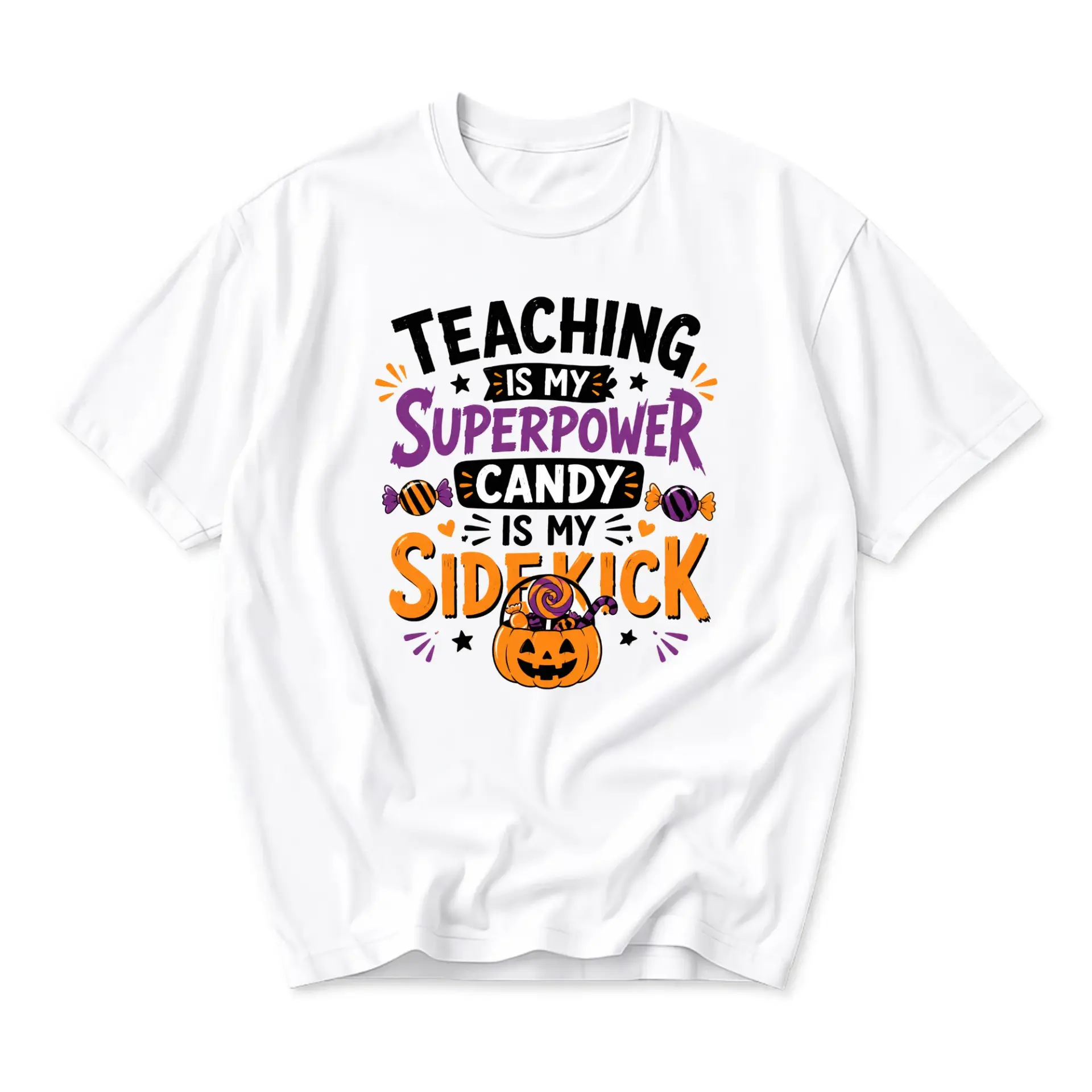 Funny Shirt Teaching Is My Superpower Candy Is My Sidekick Graphic Tee for Educators and Teachers Halloween Casual Wear