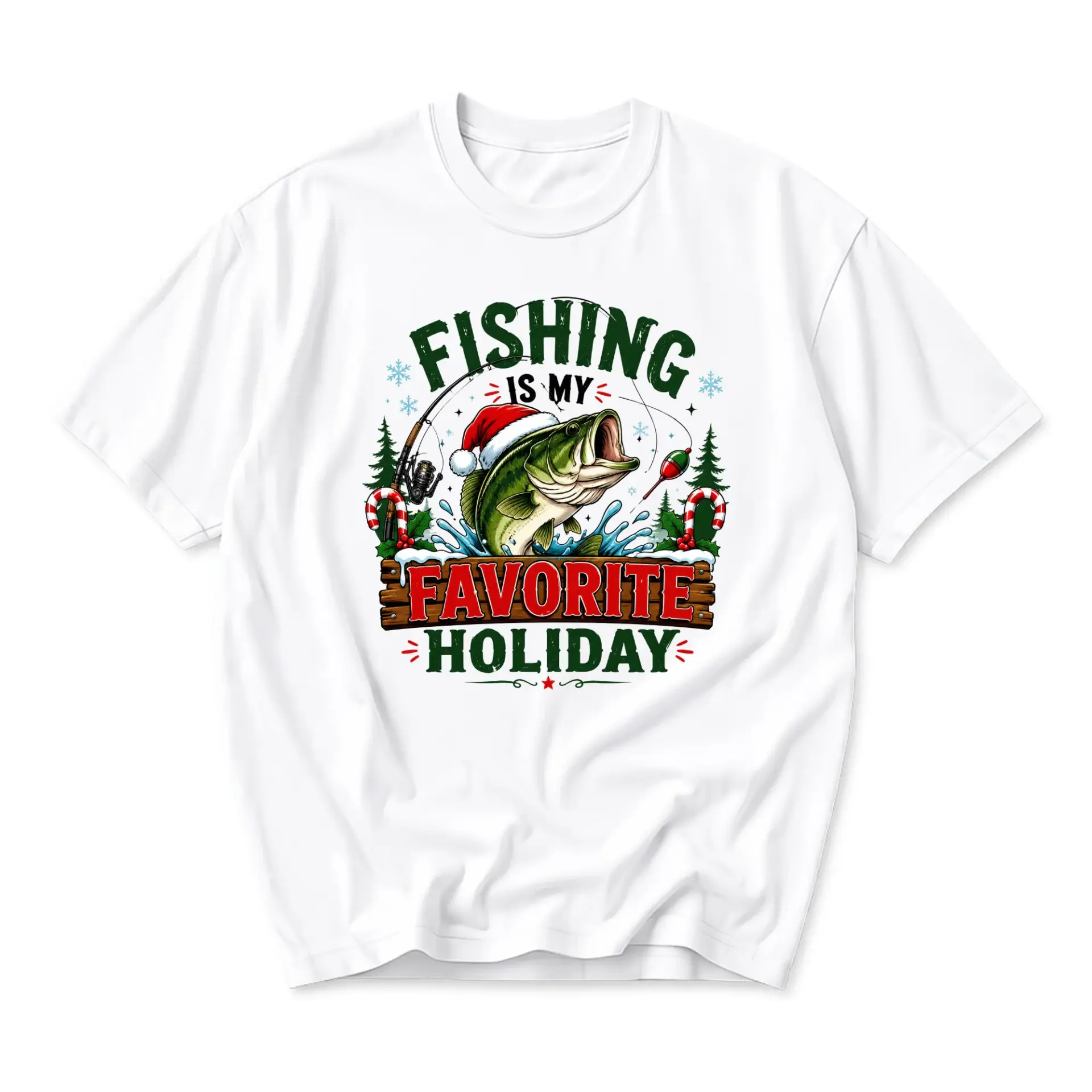 Funny Shirt Fishing Is My Favorite Holiday Graphic Tee Seasonal Fish Outdoor Activity Crew Neck Casual Apparel