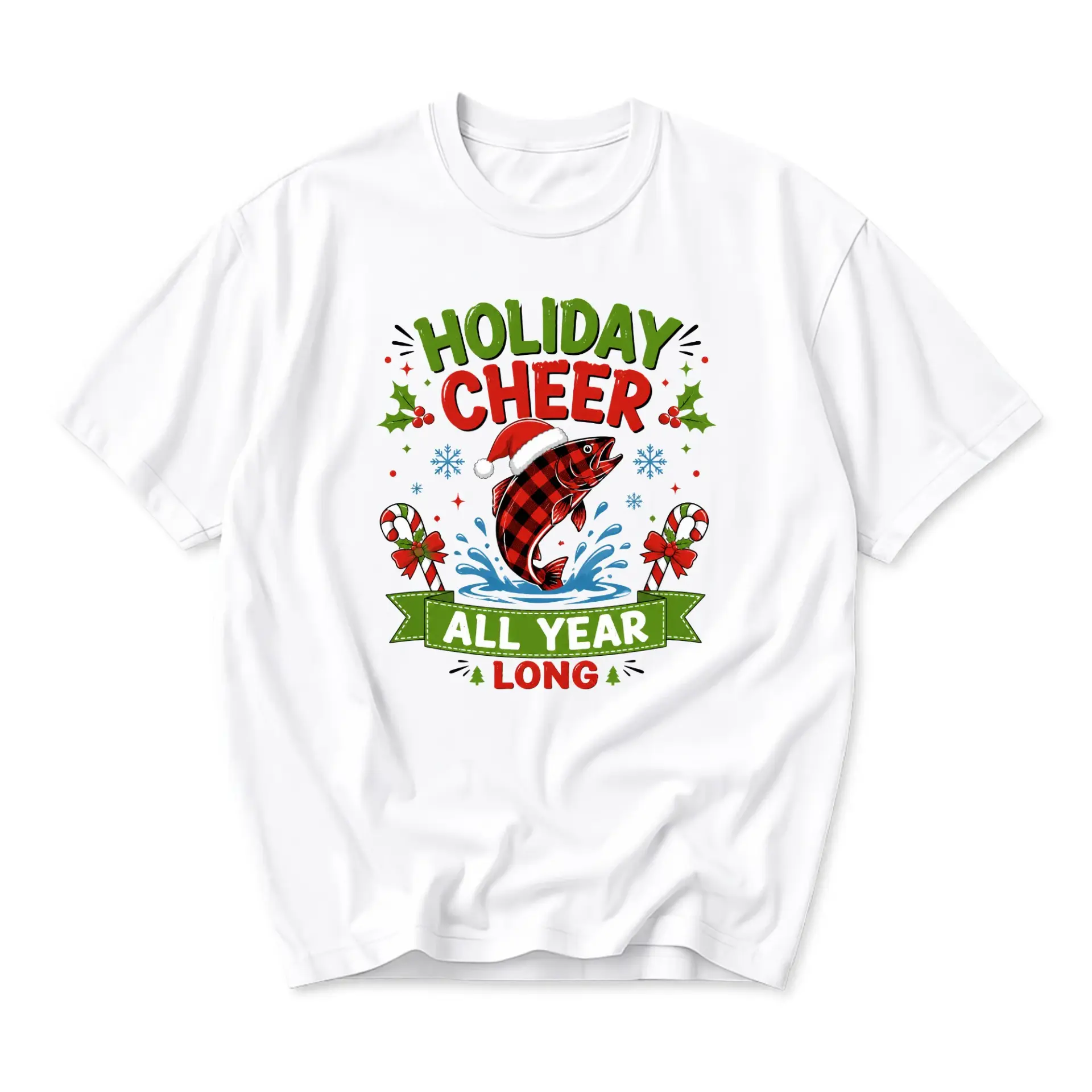 Graphic Tee Holiday Cheer All Year Long Fishing Lover Shirt Unisex Cotton