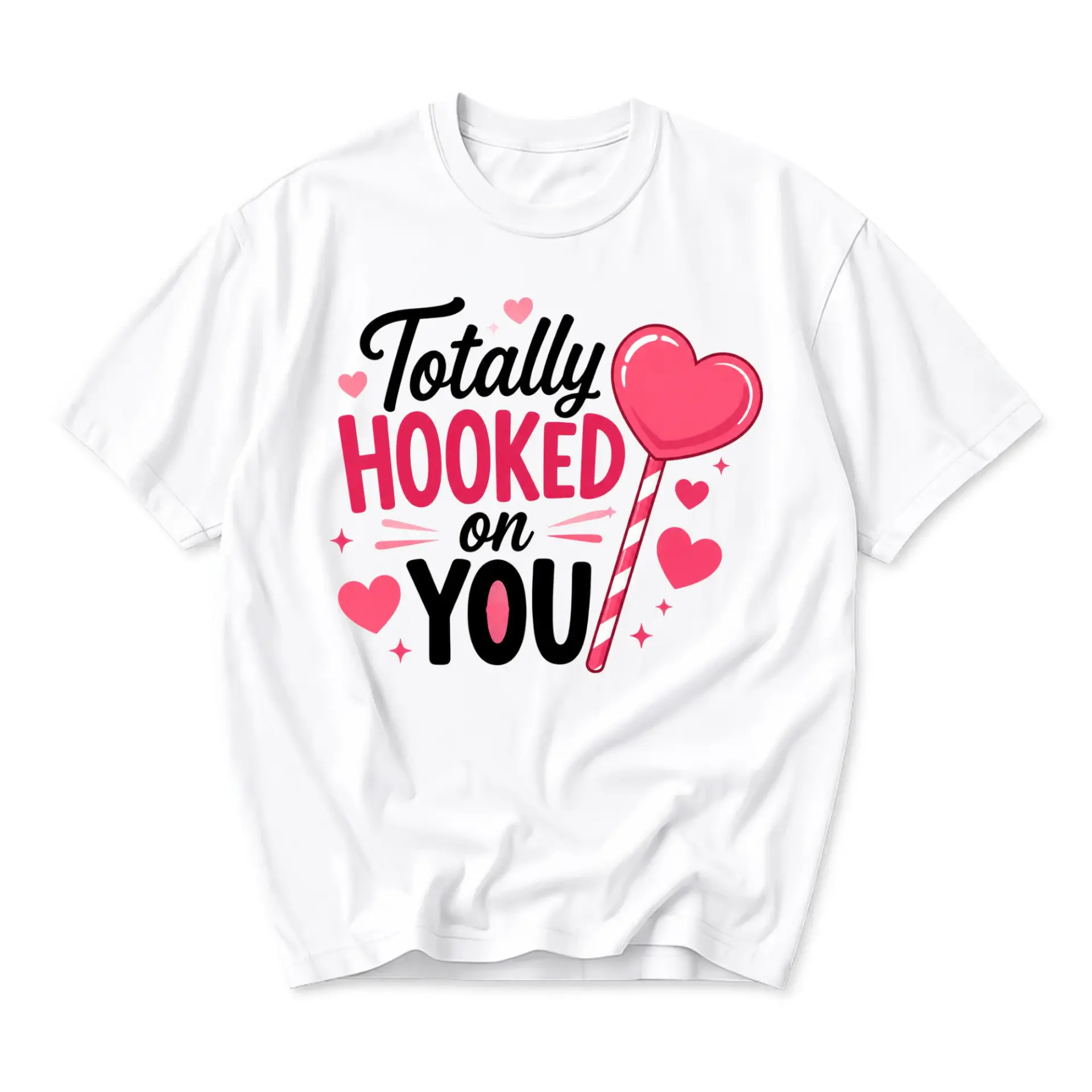 Graphic Tee Totally Hooked on You Love Heart Lollipop Print Unisex Cotton Crew Neck Casual Short Sleeve Shirt
