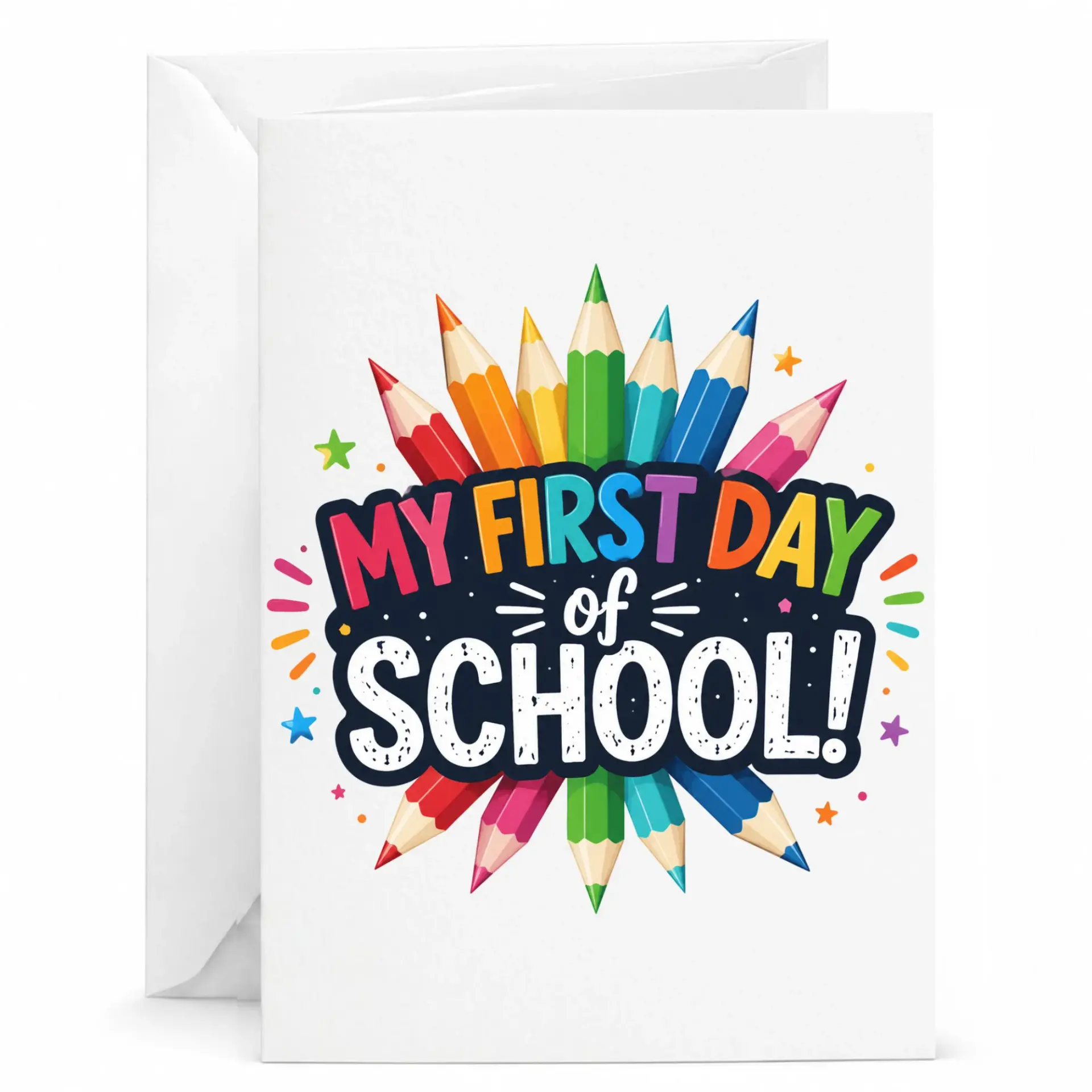 Greeting Card First Day of School Design with Colored Pencils Illustration 5x7 Folded Note White Envelope