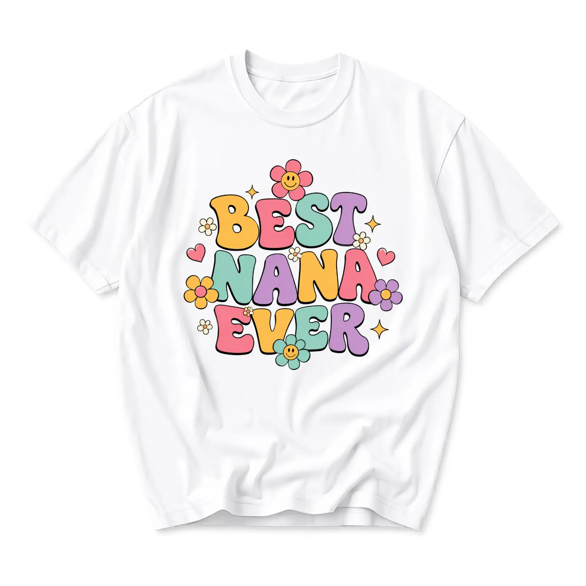 Graphic Tee Best Nana Ever Retro Floral Print Unisex Crew Neck Casual Everyday Short Sleeve Cotton T-Shirt White