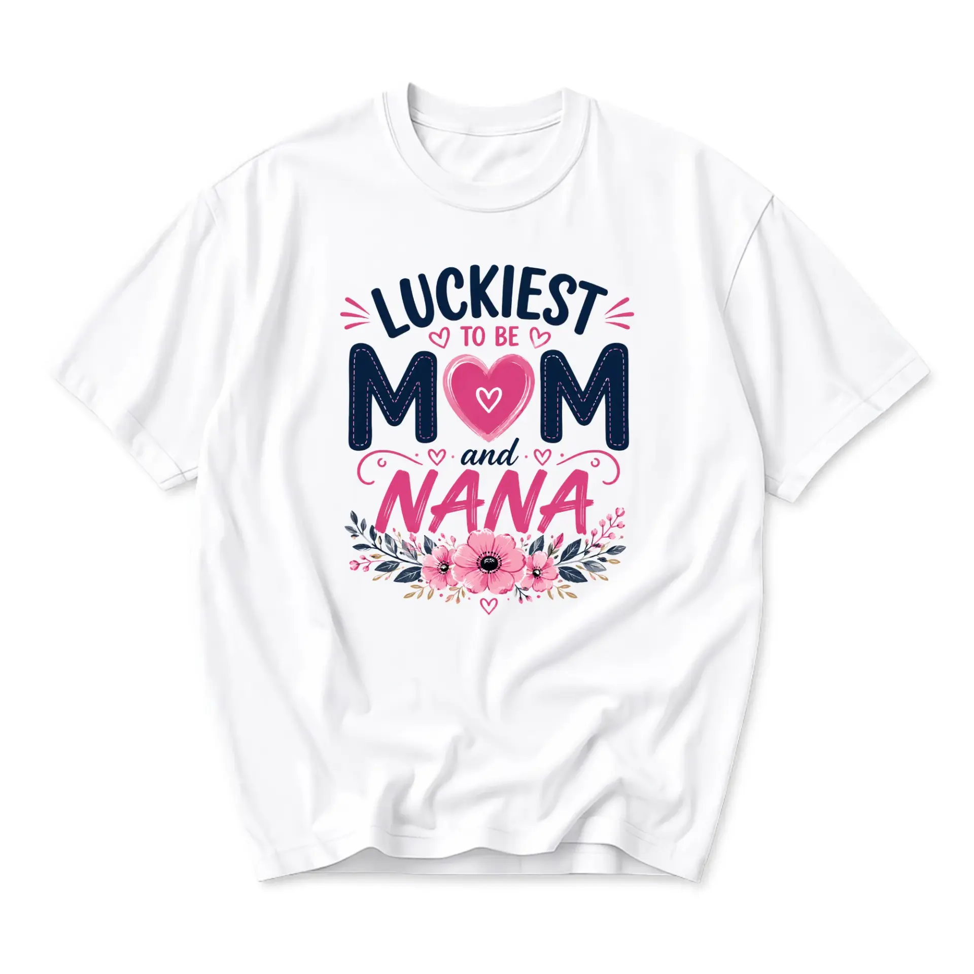 Graphic Tee Luckiest to Be Mom and Nana Unisex Casual Crew Neck T-Shirt Soft Cotton Blend Apparel Floral Heart Design