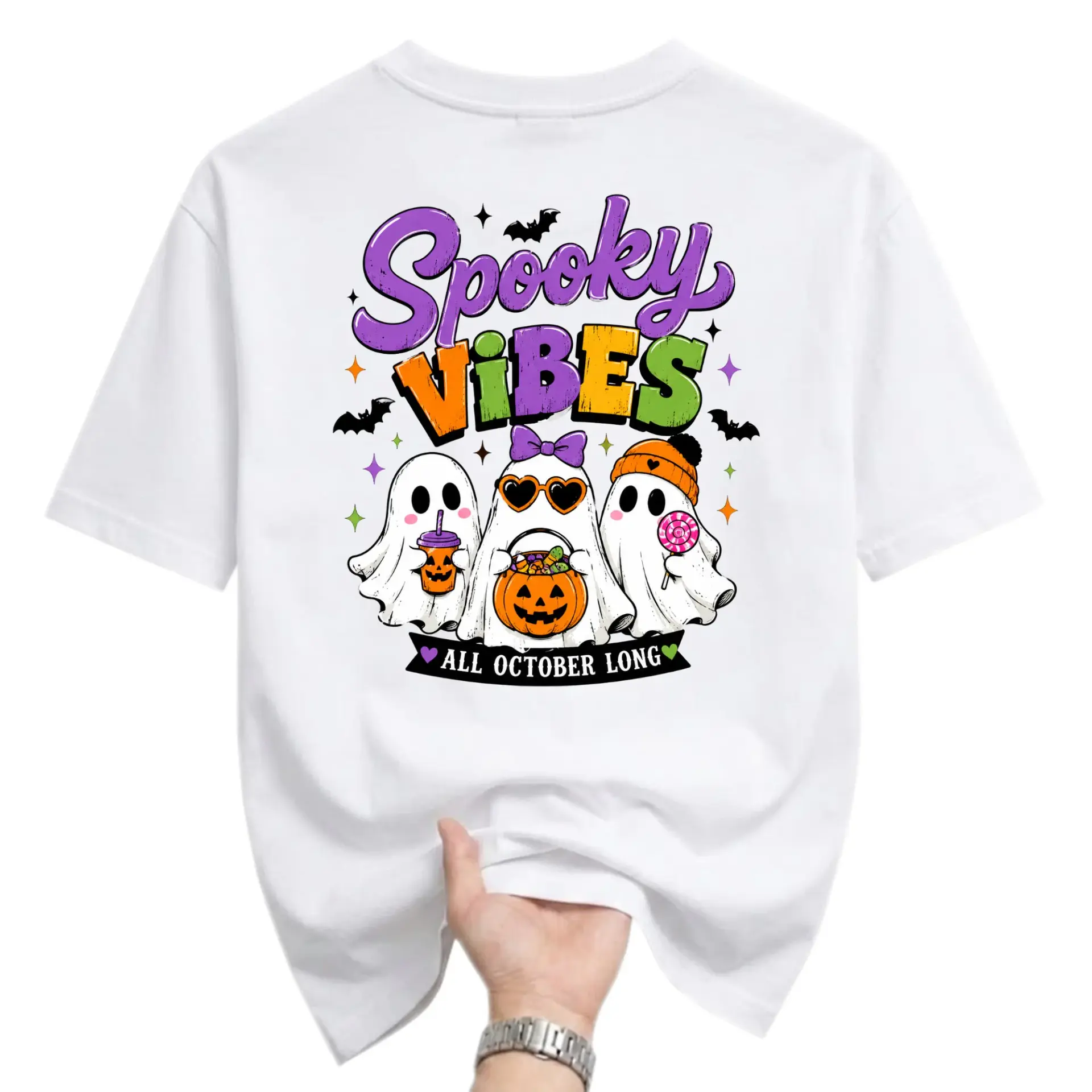Funny Shirt Spooky Vibes All October Long Halloween Ghost Graphic Tee Unisex Casual Crew Neck Comfortable Cotton Top