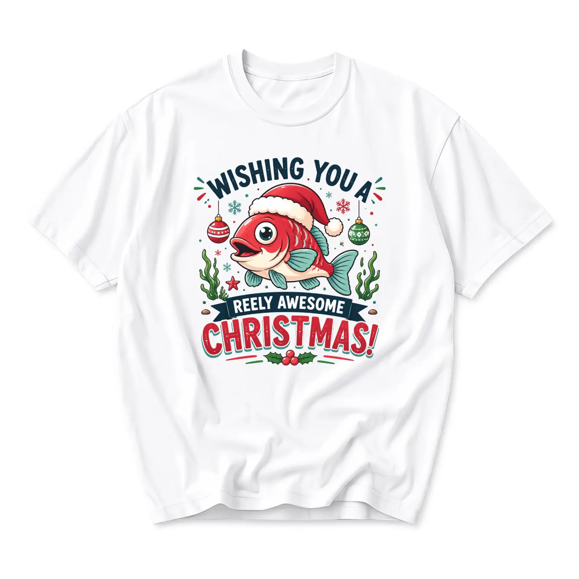 Funny Shirt Christmas Fishing Graphic Tee Holiday Pun Casual Unisex Crew Neck Apparel Soft Preshrunk Cotton White Top