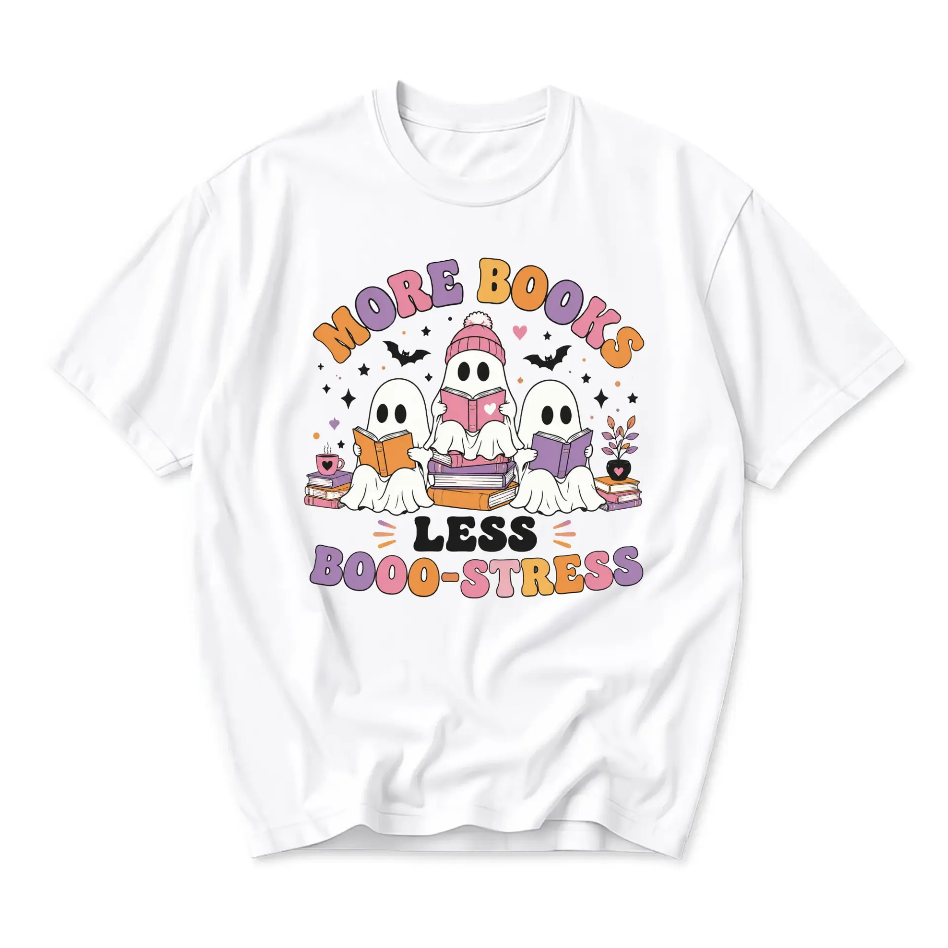 Graphic Tee More Books Less Booo-Stress Reading Ghost Design Unisex Crew Neck Short Sleeve Cotton Casual Apparel