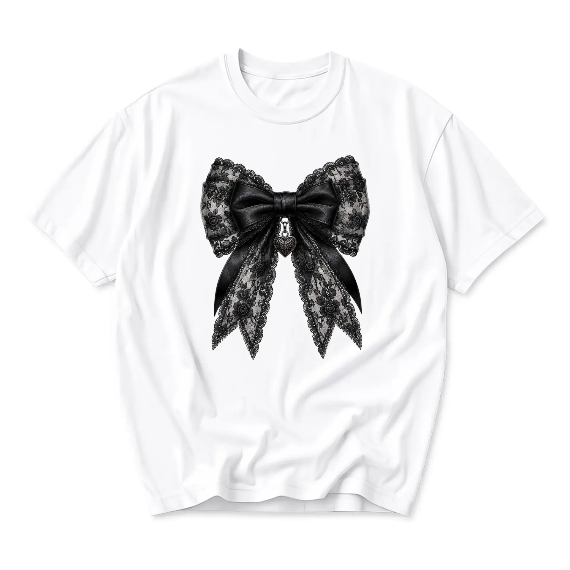 Graphic Tee Unisex Crew Neck T-Shirt Featuring Elegant Black Lace Bow Design with Hanging Heart Charm Accent