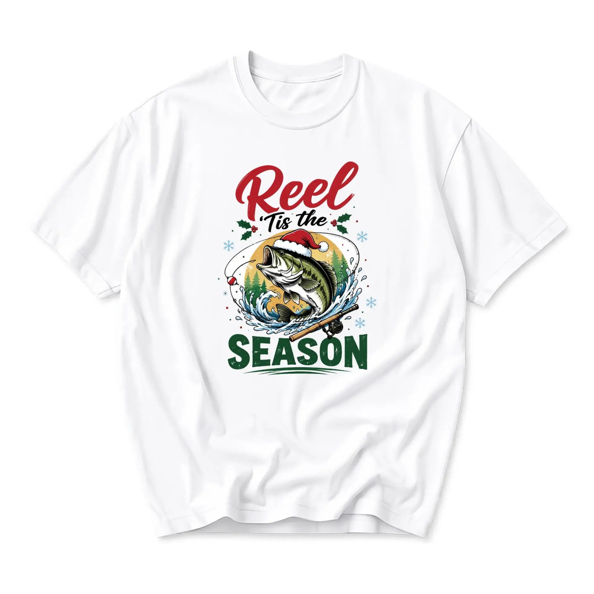 Funny Shirt Reel Tis the Season Fishing Graphic Tee Holiday Theme Unisex Casual Crew Neck Comfortable Cotton Top