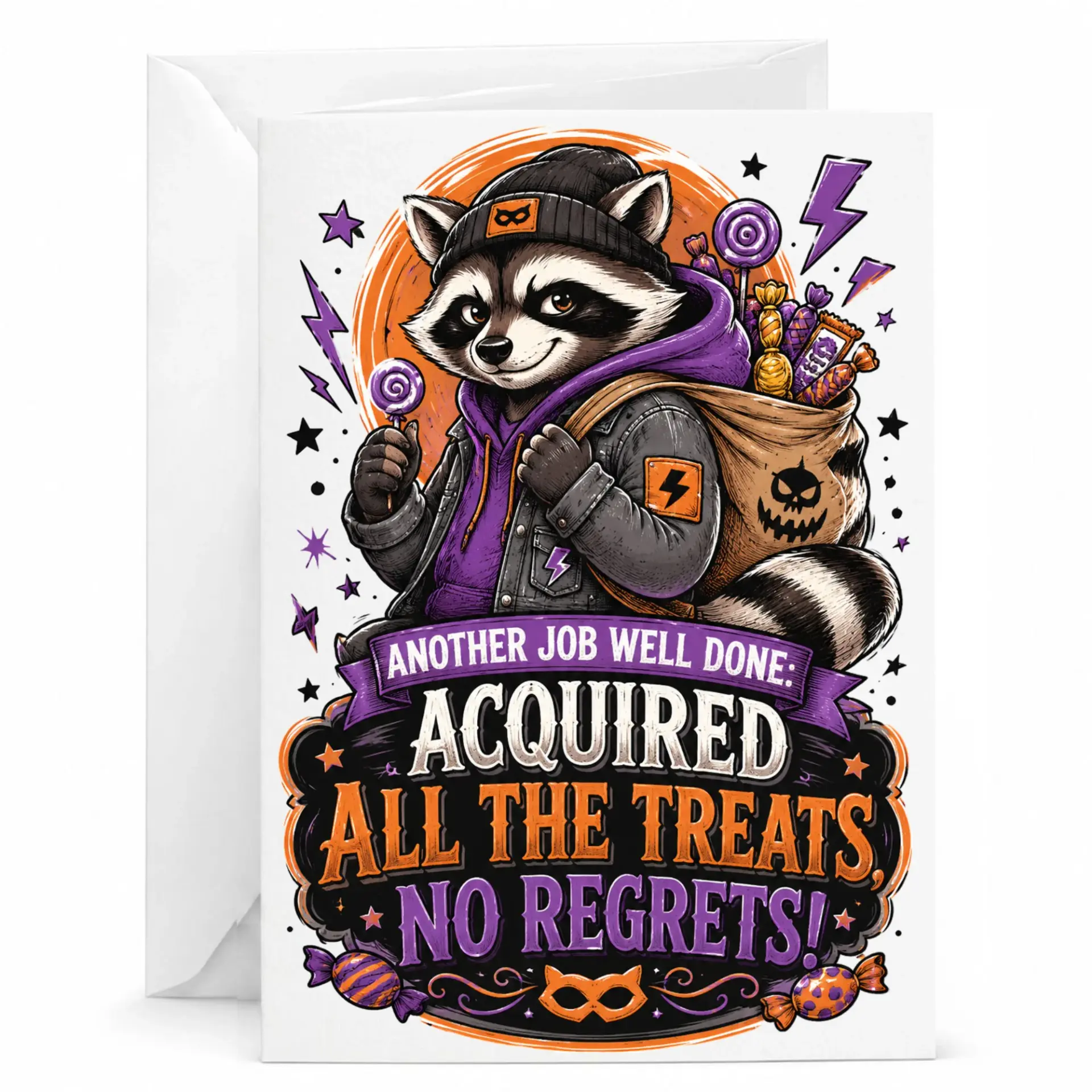 Funny Raccoon Greeting Card Featuring Mischievous Trash Panda with Candy Treats for Birthday and Holiday Greetings