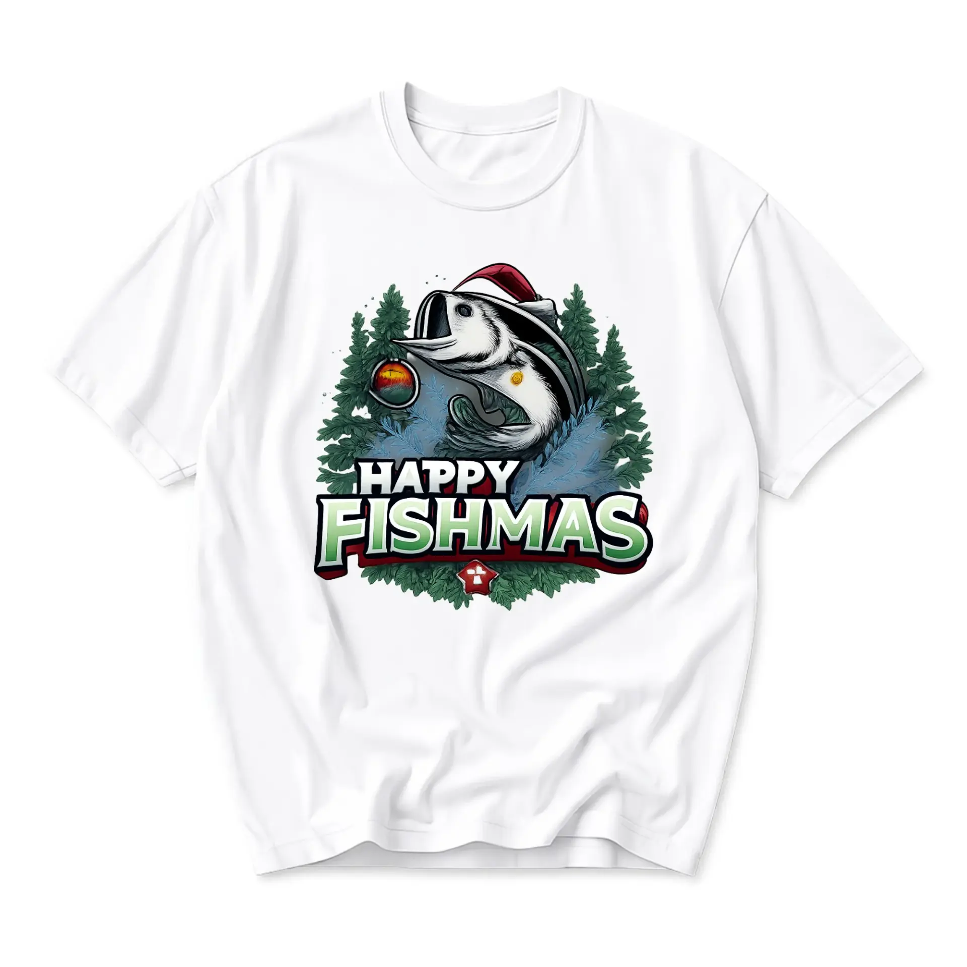 Funny Shirt Happy Fishmas Graphic Tee Unisex Holiday Fishing Themed Crew