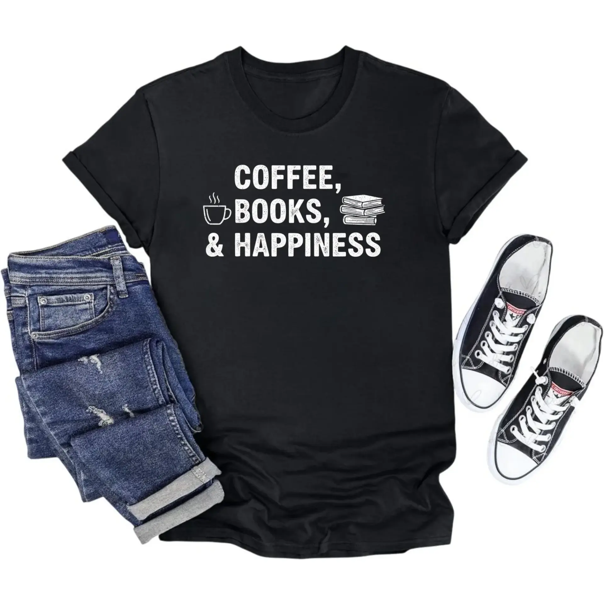 Graphic Tee Coffee Books and Happiness Unisex Casual Crew Neck T-Shirt Soft Cotton Blend Printed Top for Everyday Wear