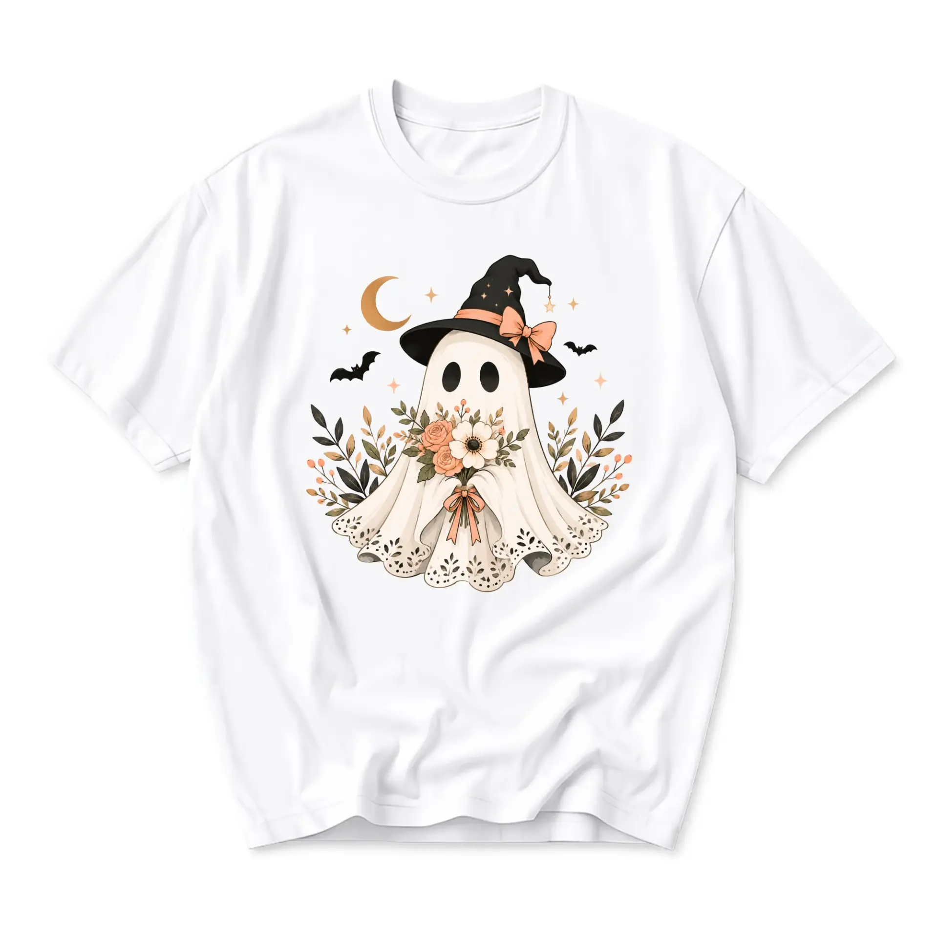 Graphic Tee Cute Ghost Wearing Witch Hat with Floral Bouquet Design Unisex Crew Neck Everyday Casual Short Sleeve Top