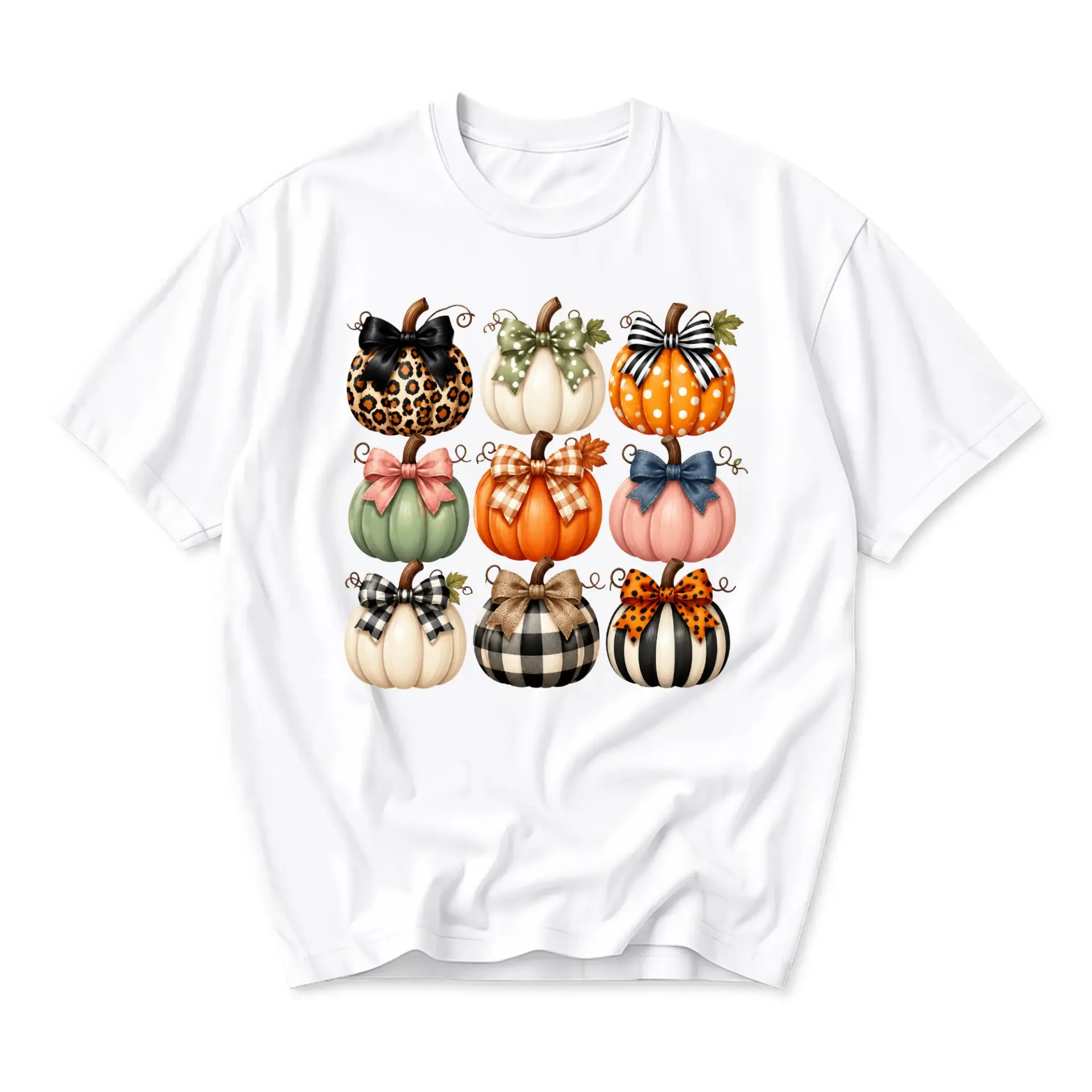 T-shirt Graphic Tee Featuring Festive Fall Pumpkins with Decorative Bows Pattern Unisex Casual Cotton Crew Neck Top