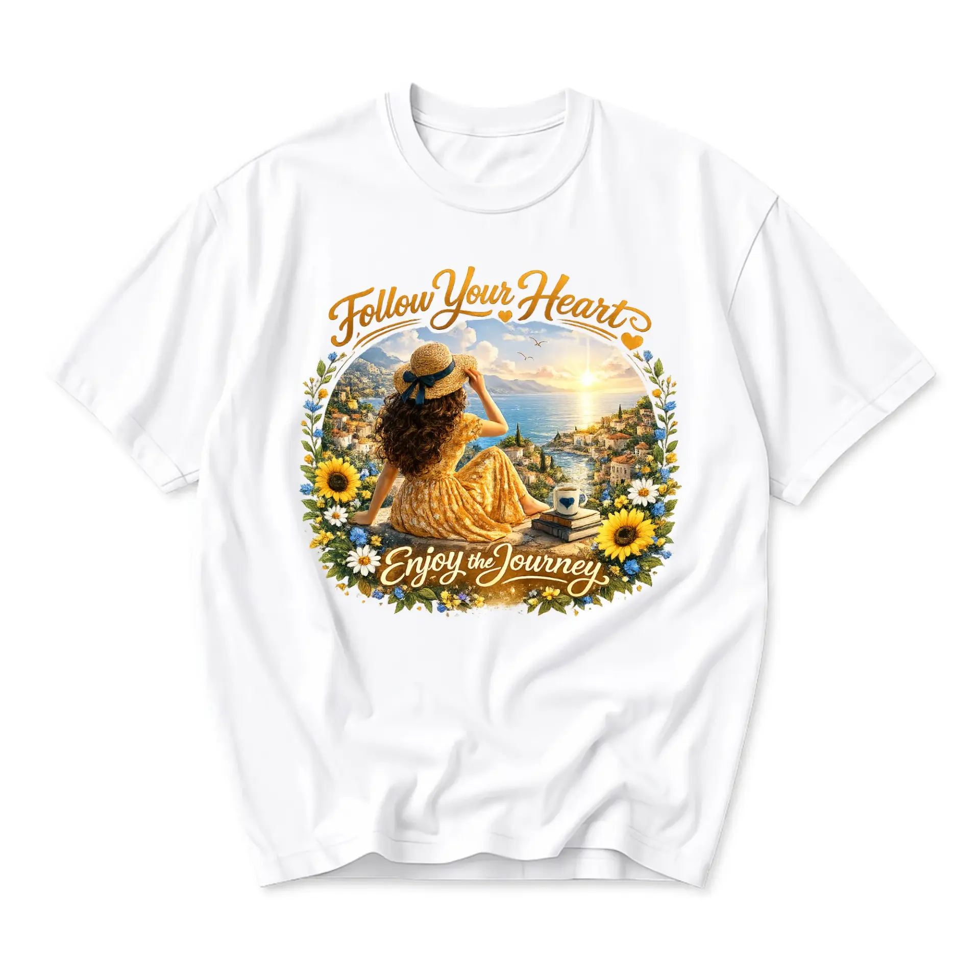 Graphic Tee Follow Your Heart Enjoy the Journey Nature Illustration Unisex Casual Crew Neck Soft Cotton Blend T-Shirt