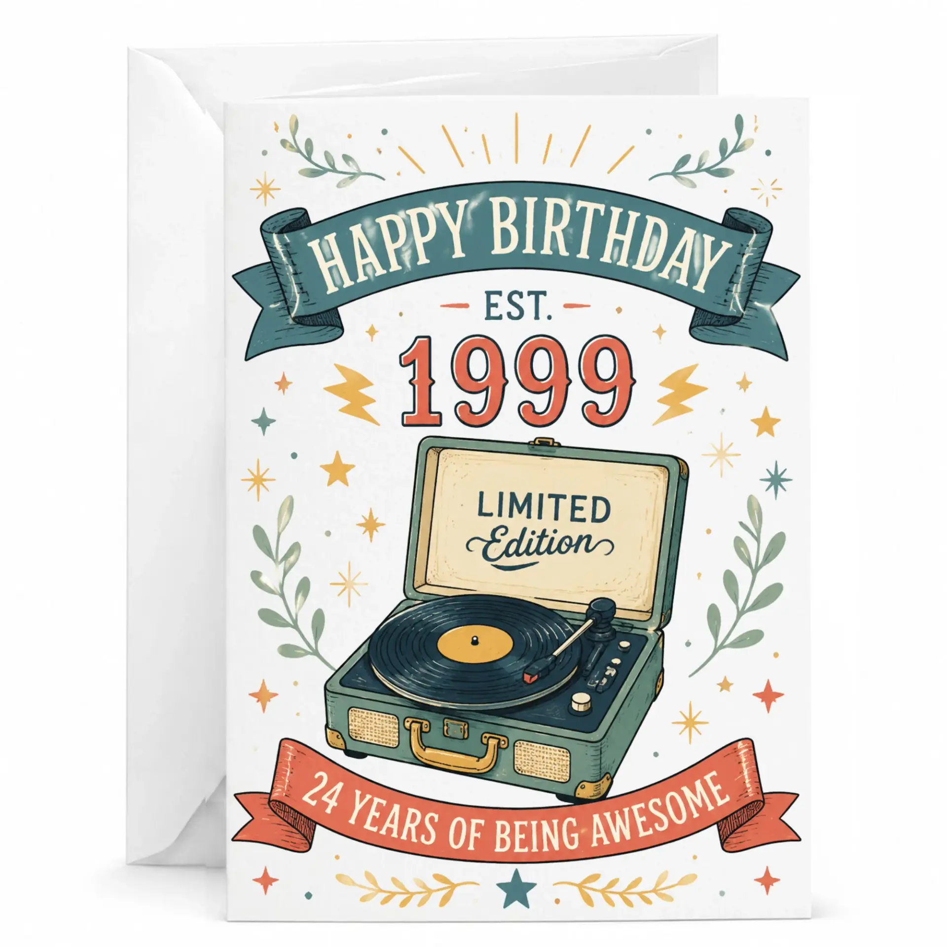 Birthday Card Vintage Record Player Illustration Est 1999 Limited Edition 24 Years of Being Awesome Greeting Card