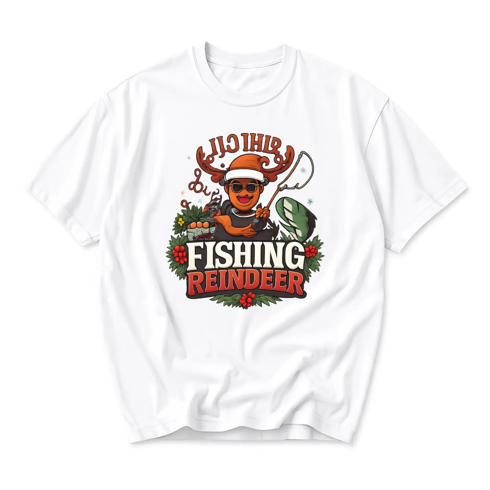 Funny Shirt Fishing Reindeer Graphic Tee Holiday Theme Unisex Crew Neck