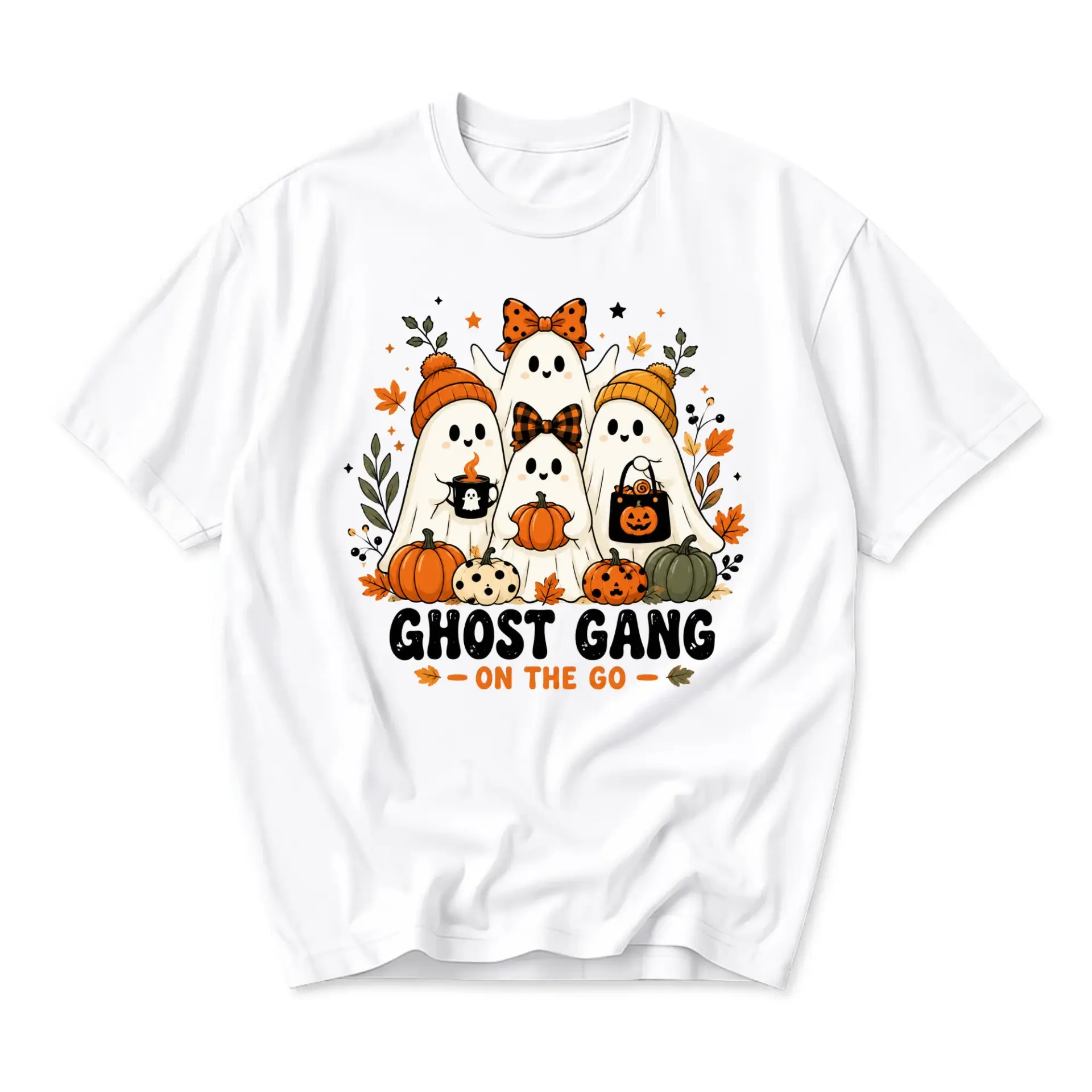 Graphic Tee Ghost Gang on the Go Seasonal Fall Autumn Unisex Crew Neck Short Sleeve Casual Cotton Blend Shirt