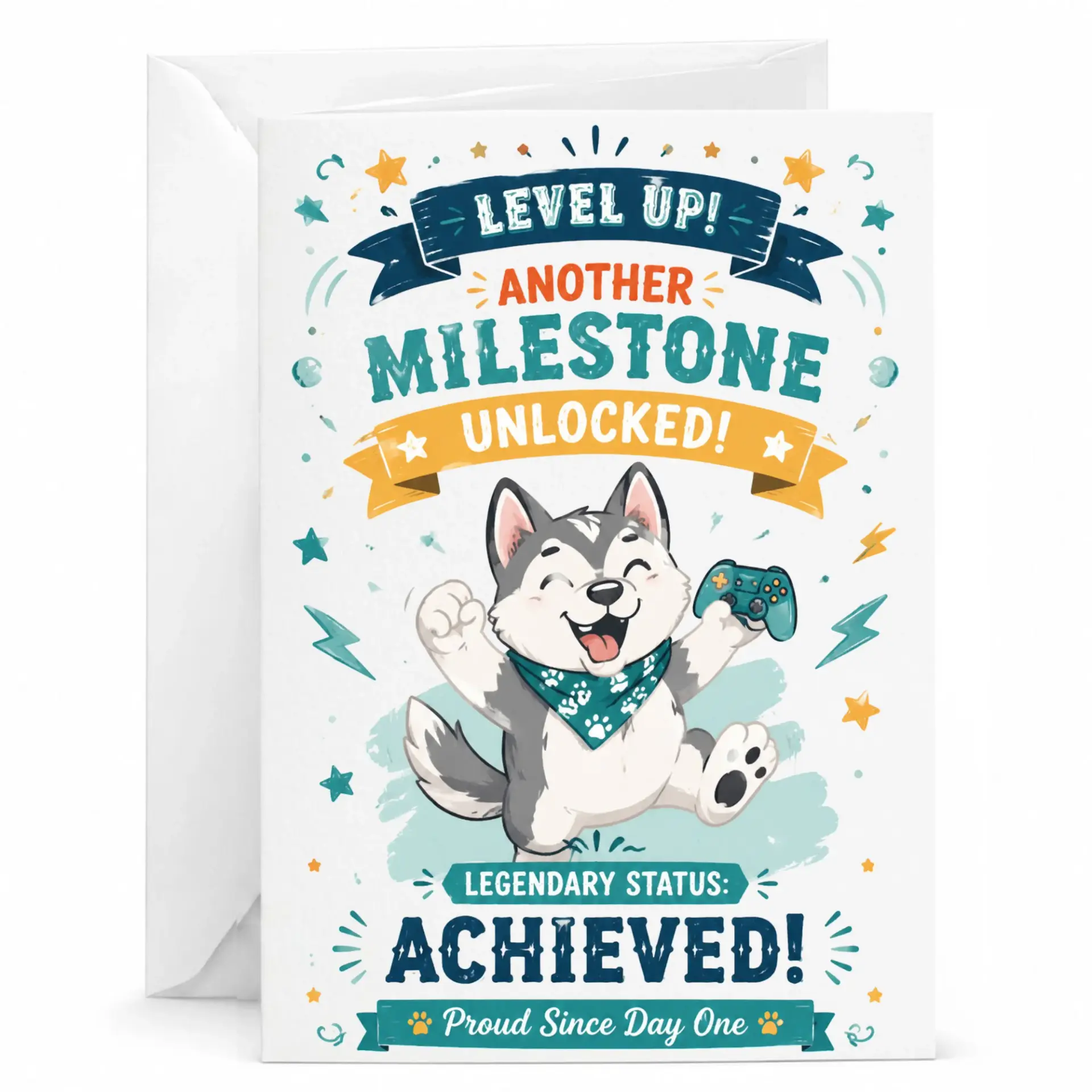 Funny Greeting Card Level up Milestone Unlocked Gaming Husky Design for Birthday Congratulations and Encouragement