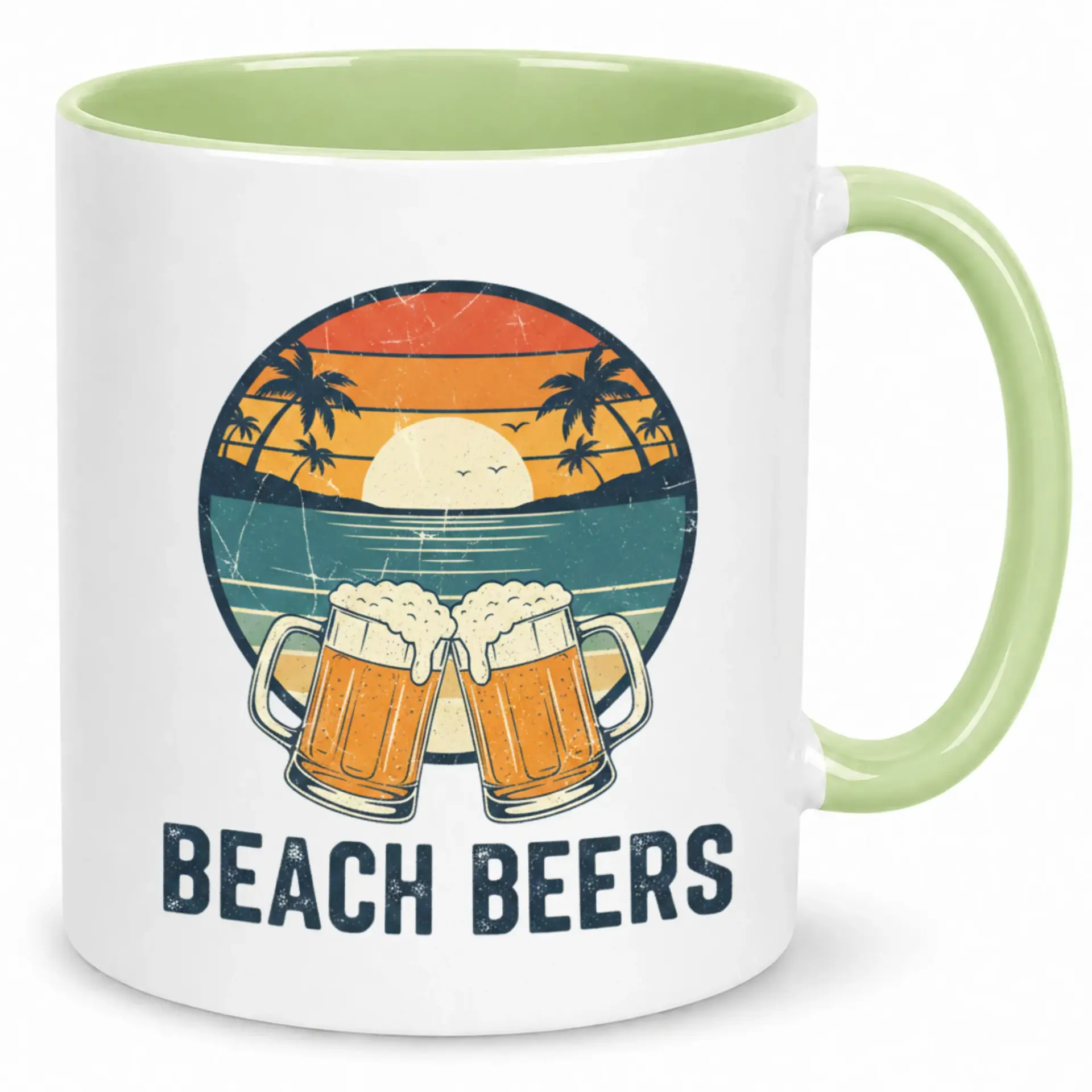Funny Retro Beach Beers Coffee Mug, Ceramic 11oz or 15oz Summer Sunset Palm Tree Drinking Beverage Cup, Unique Gift for Beach Lovers