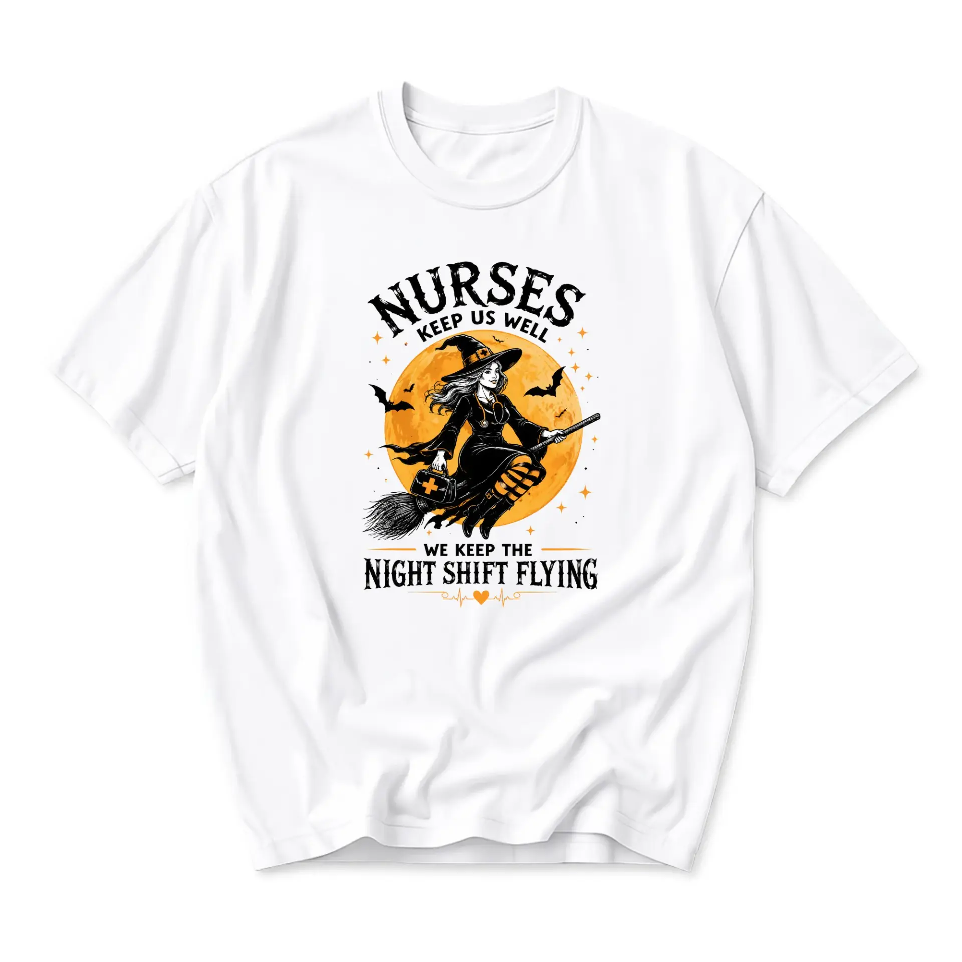 Graphic Tee Nurses Keep Us Well Night Shift Flying Witch Halloween Humor Unisex Crew Neck Casual Cotton Shirt