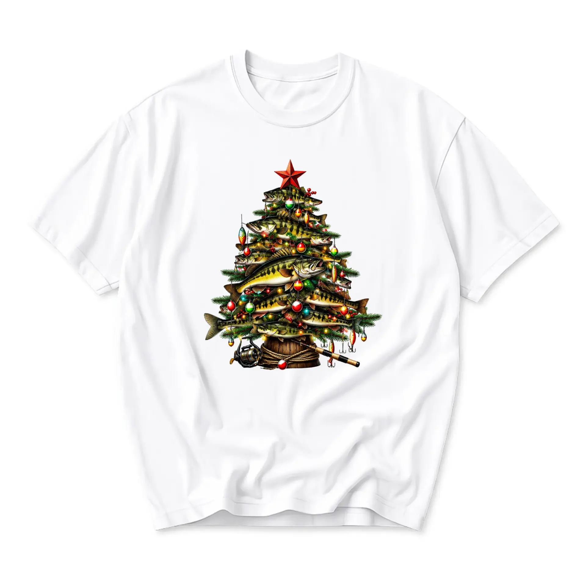 Funny Shirt Fishing Christmas Tree Graphic Tee Unisex Crew Neck Casual Cotton Blend Short Sleeve Apparel for Adults