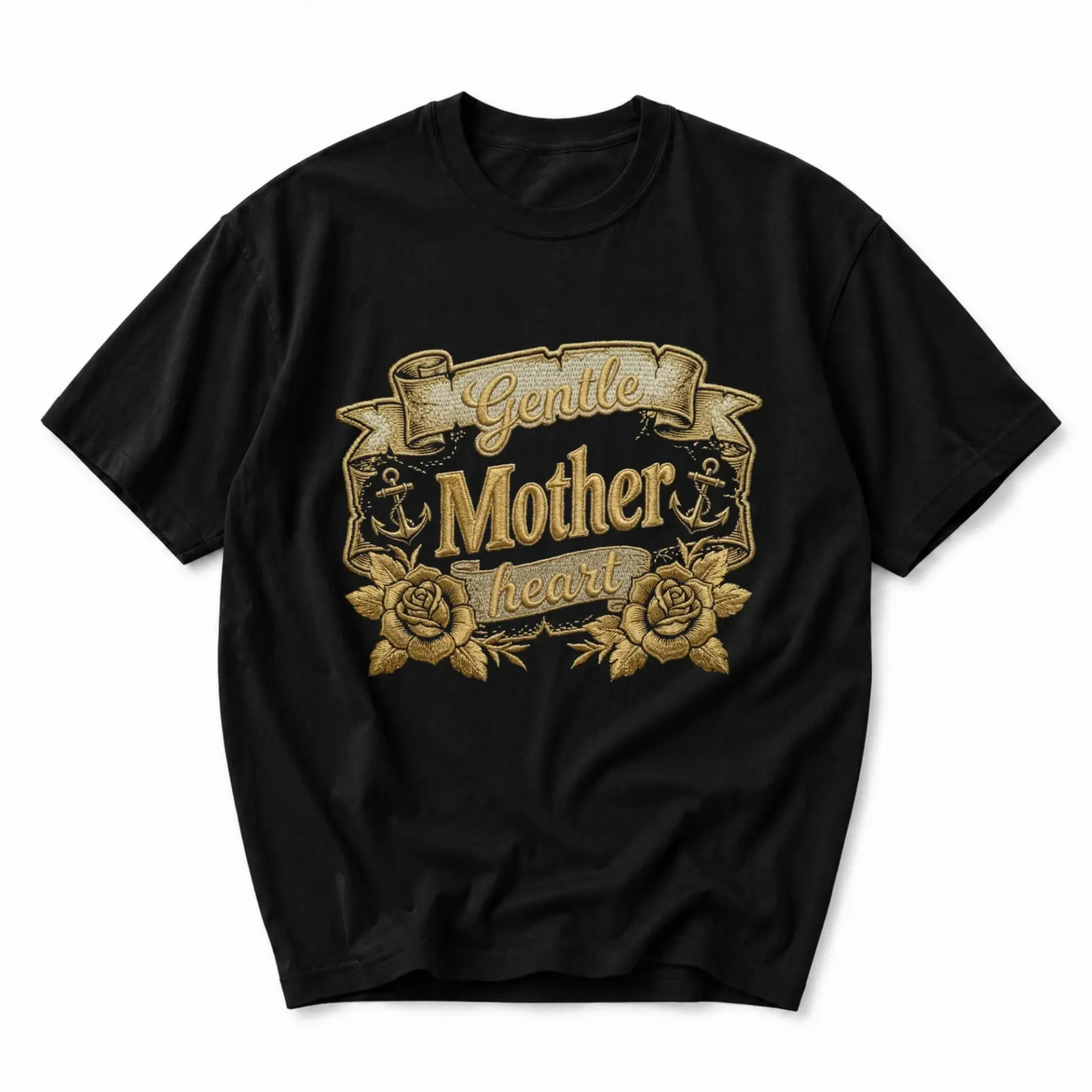 Graphic Tee Gentle Mother Heart Vintage Style Anchor and Rose Illustration Unisex Short Sleeve Crew Neck Cotton Shirt
