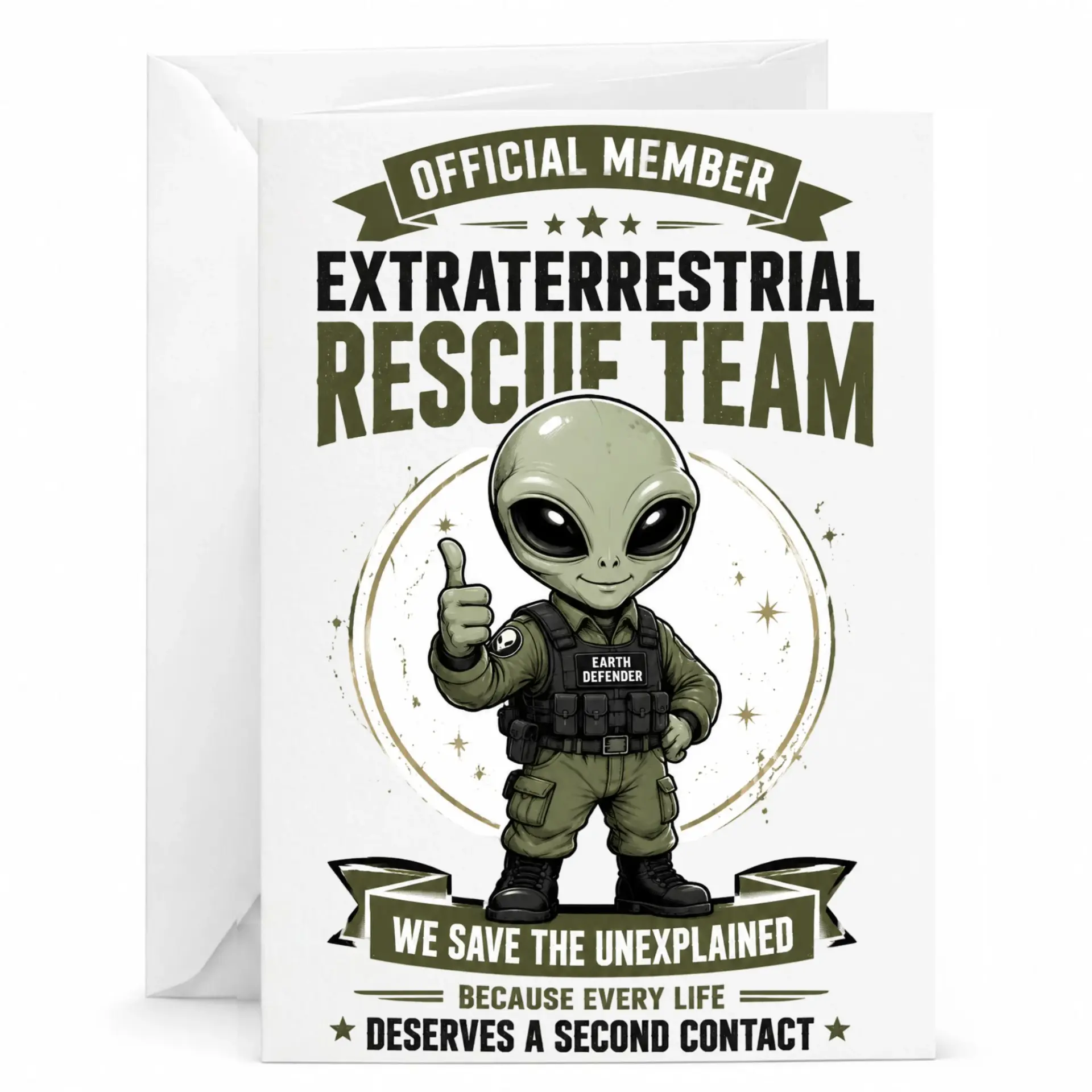 Funny Extraterrestrial Rescue Team Greeting Card for Fi Fans and Lovers with Matching White Envelope Included