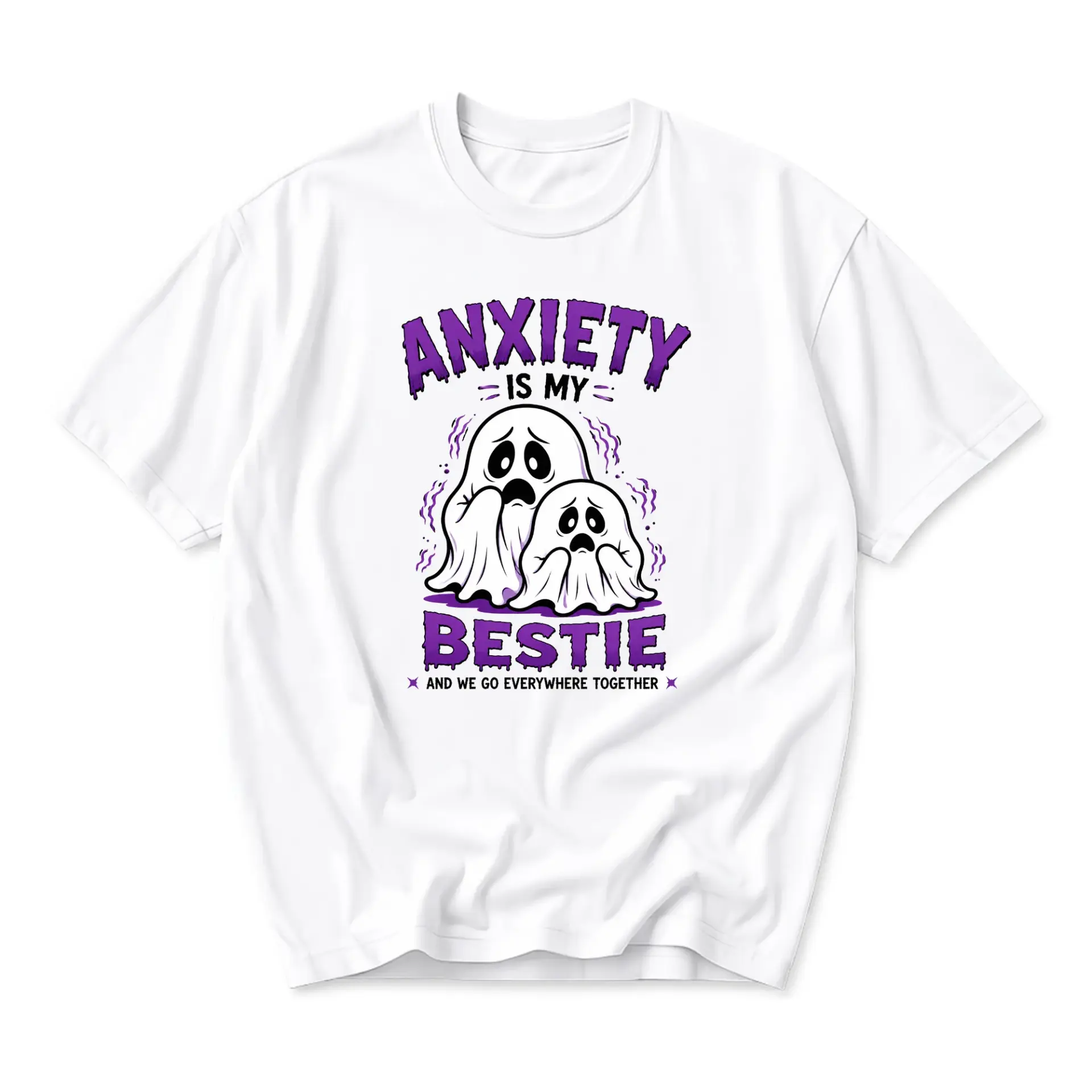 Funny Shirt Anxiety Is My Bestie Ghost Graphic Tee Unisex Casual Crew Neck Comfortable Cotton Blend Summer Top