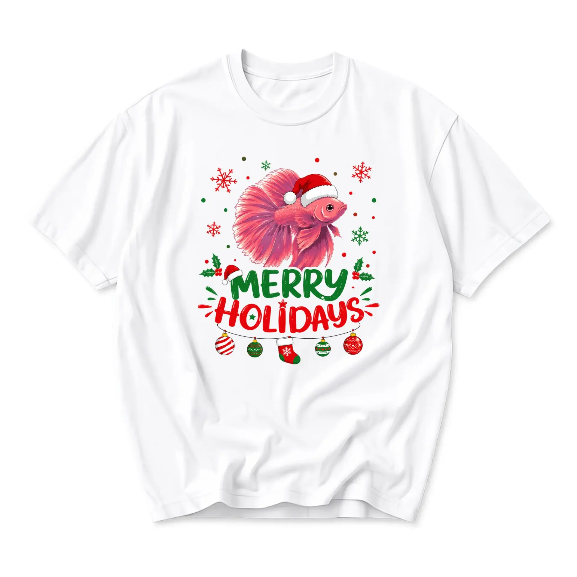 Graphic Tee Merry Holidays Fish Christmas Shirt Unisex Crew Neck Short Sleeve Casual Cotton Holiday Apparel