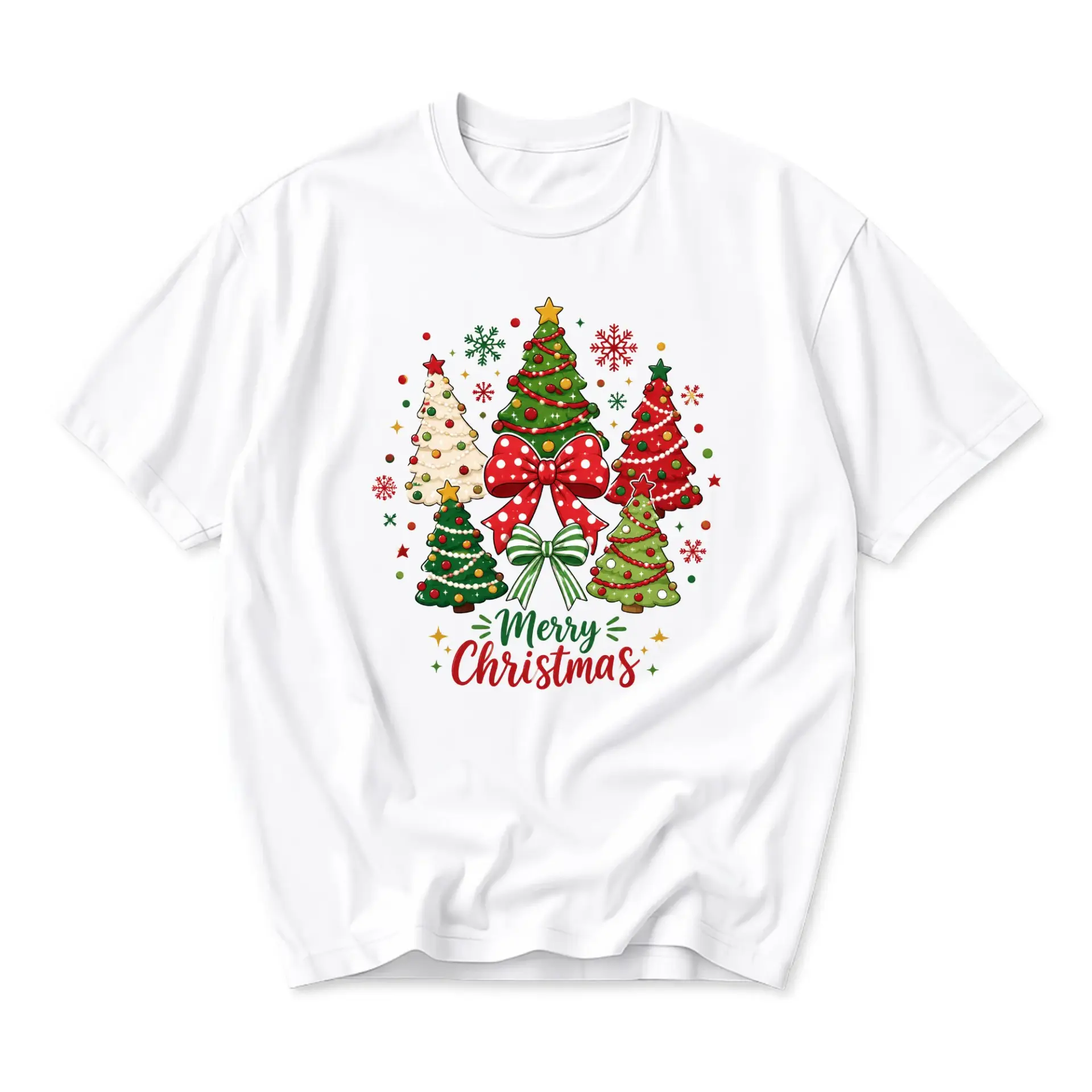 T-shirt Merry Christmas Graphic Tee Holiday Season Festive Apparel with Colorful Pine Trees and Decorative Bows