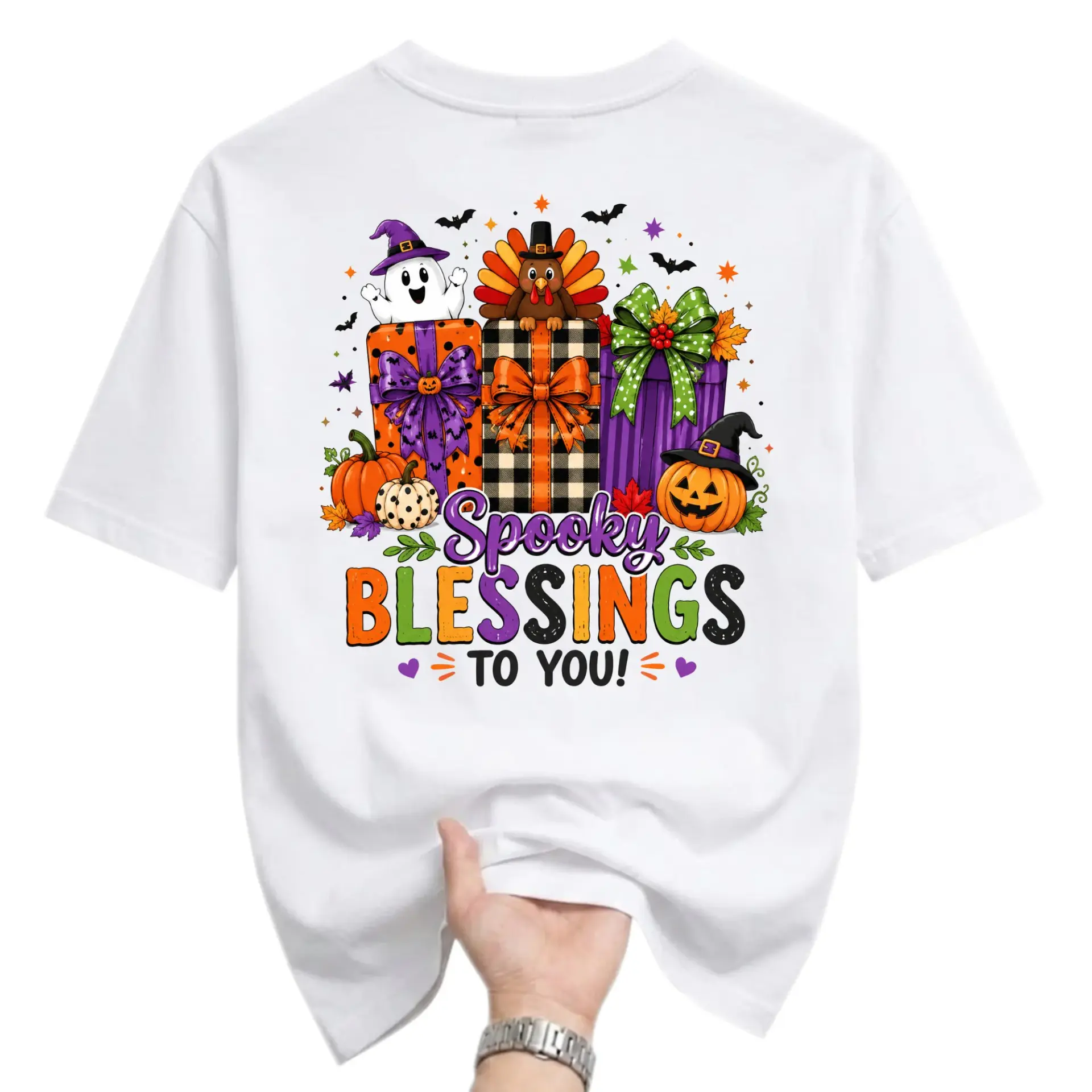 Graphic Tee Spooky Blessings to You Shirt Seasonal Fall Holiday Print Unisex Casual Crew Neck Soft Cotton Blend Top