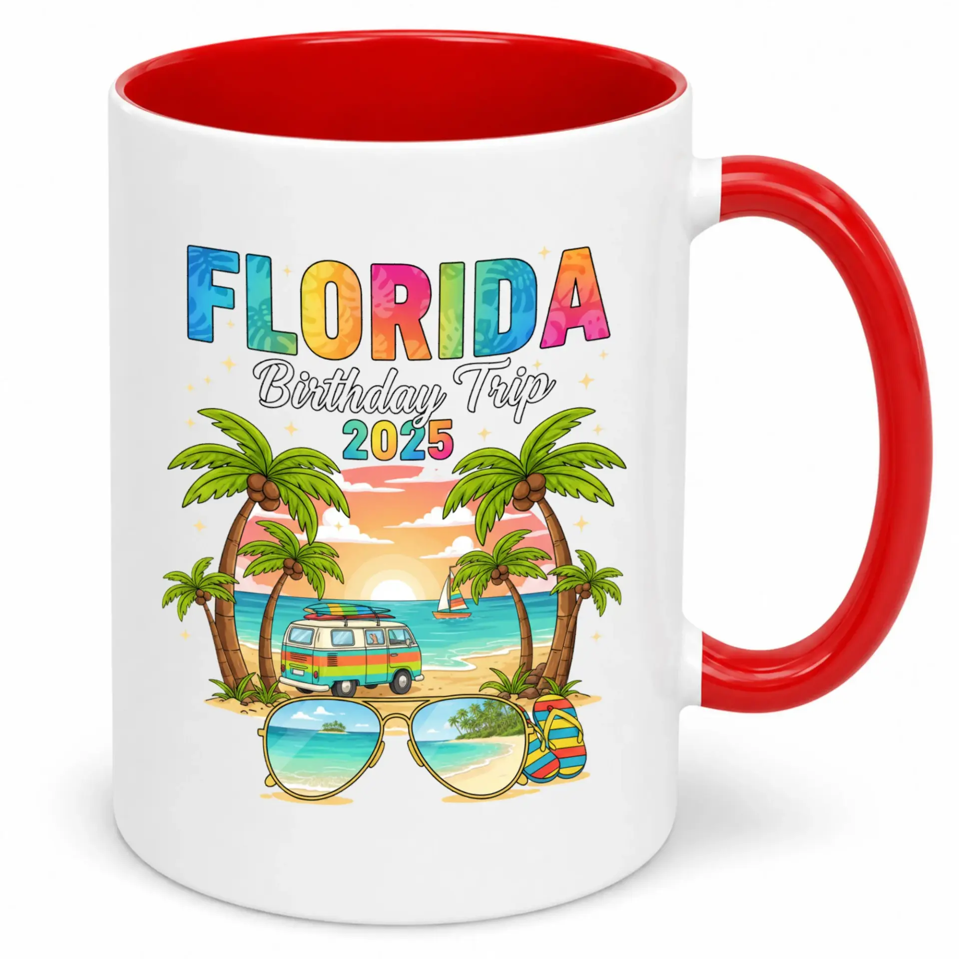 Florida Birthday 2025 Ceramic Coffee Mug with Tropical Beach Sunset Design Vacation Keepsake Travel Present