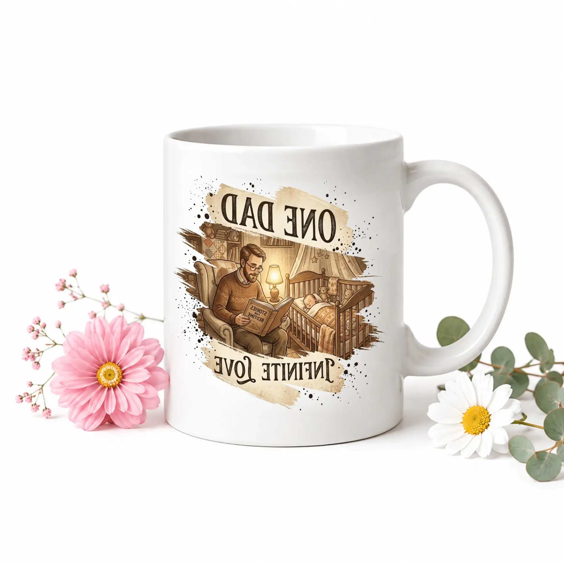 Heartfelt One Dad Infinite Love Ceramic Coffee Mug Featuring Illustrated Father Reading Story Design