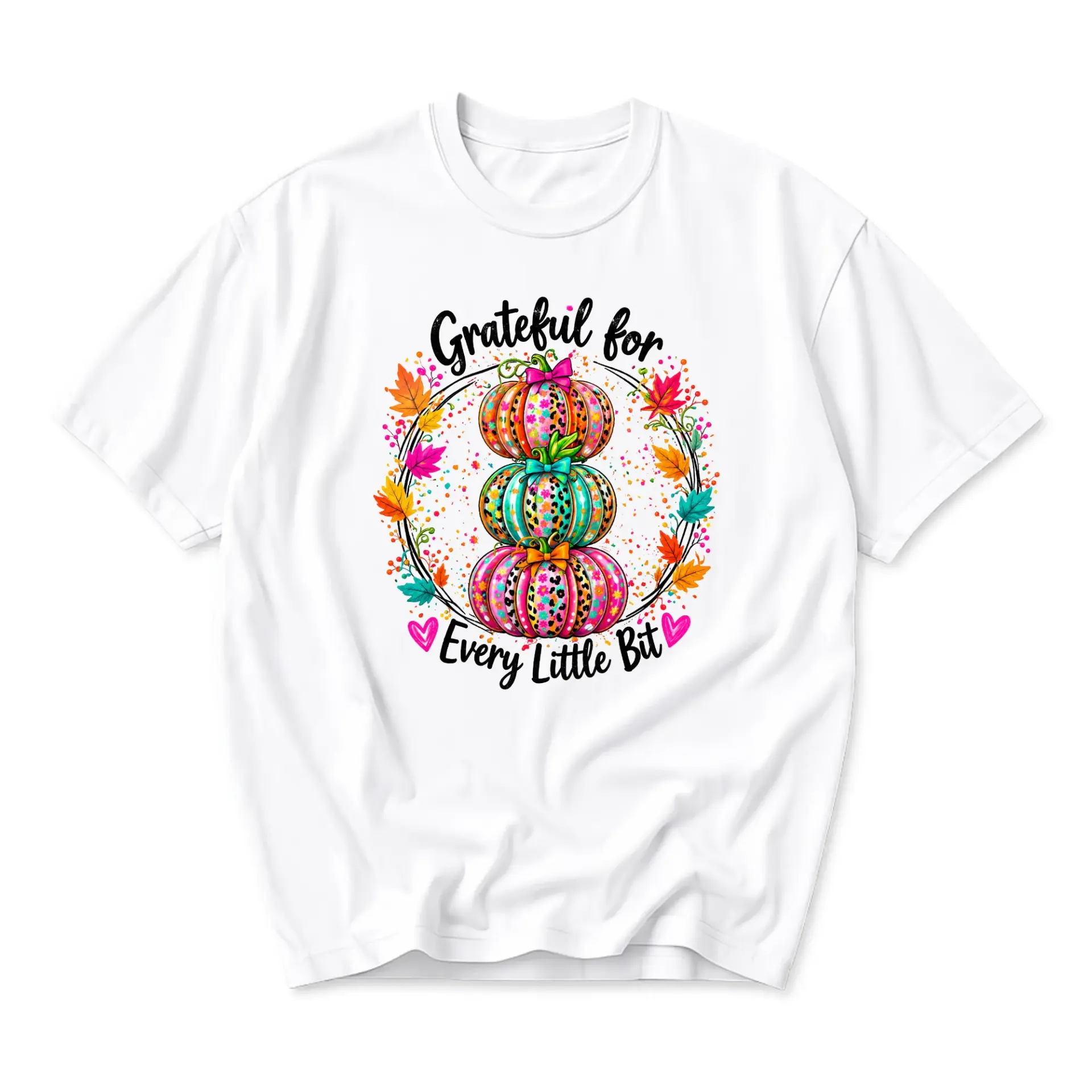 Graphic Tee Grateful for Every Little Bit Fall Pumpkin Shirt Unisex Crew Neck Autumn Seasonal Casual Top White
