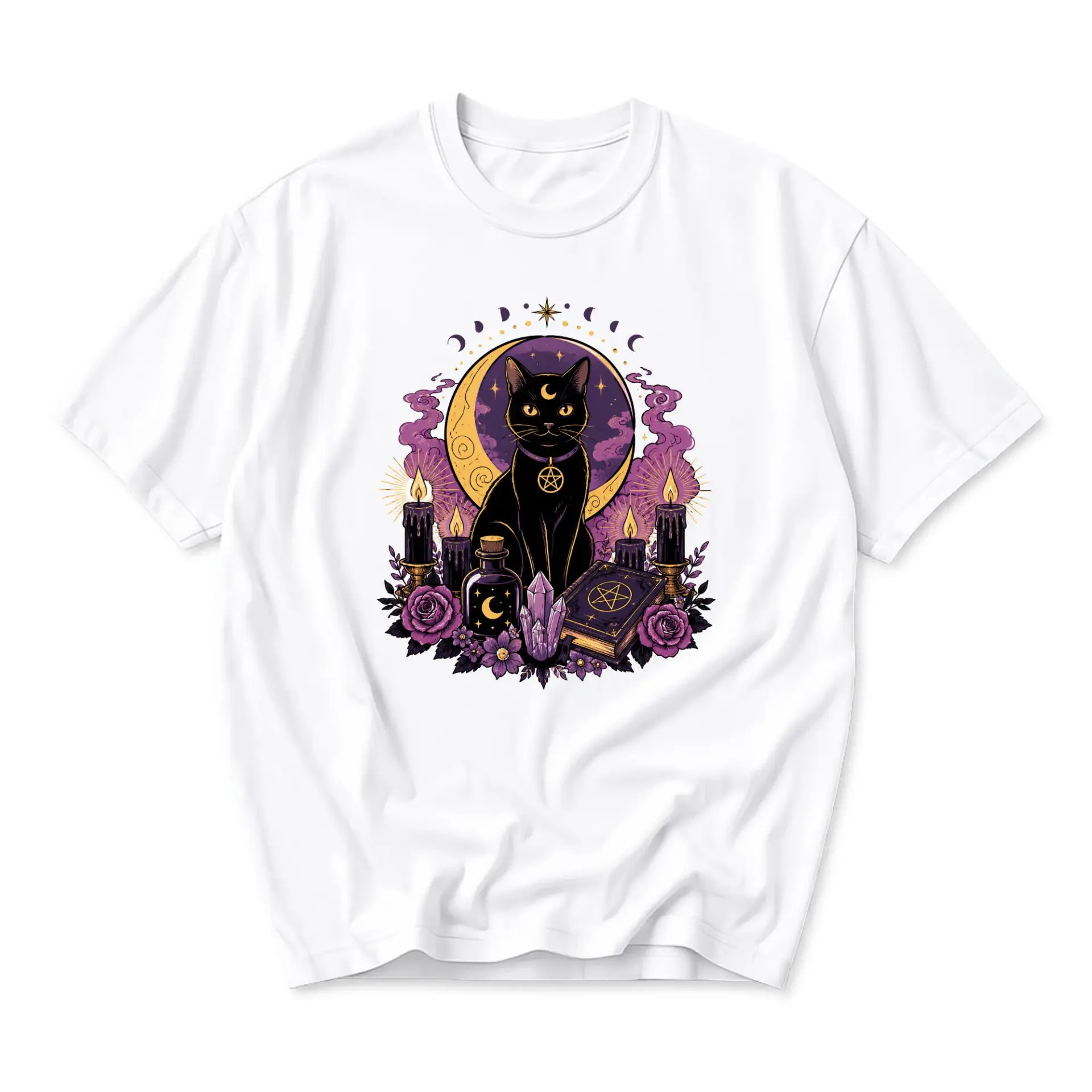 Graphic Tee Black Cat Mystical Moon Design Unisex Crew Neck Short Sleeve Shirt Casual Soft Cotton Everyday Apparel
