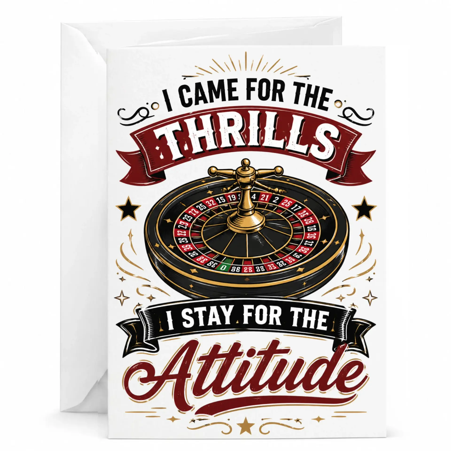 Funny Casino Themed Greeting Card Featuring Roulette Wheel Illustration for Birthdays and Anniversaries 5x7 Inches