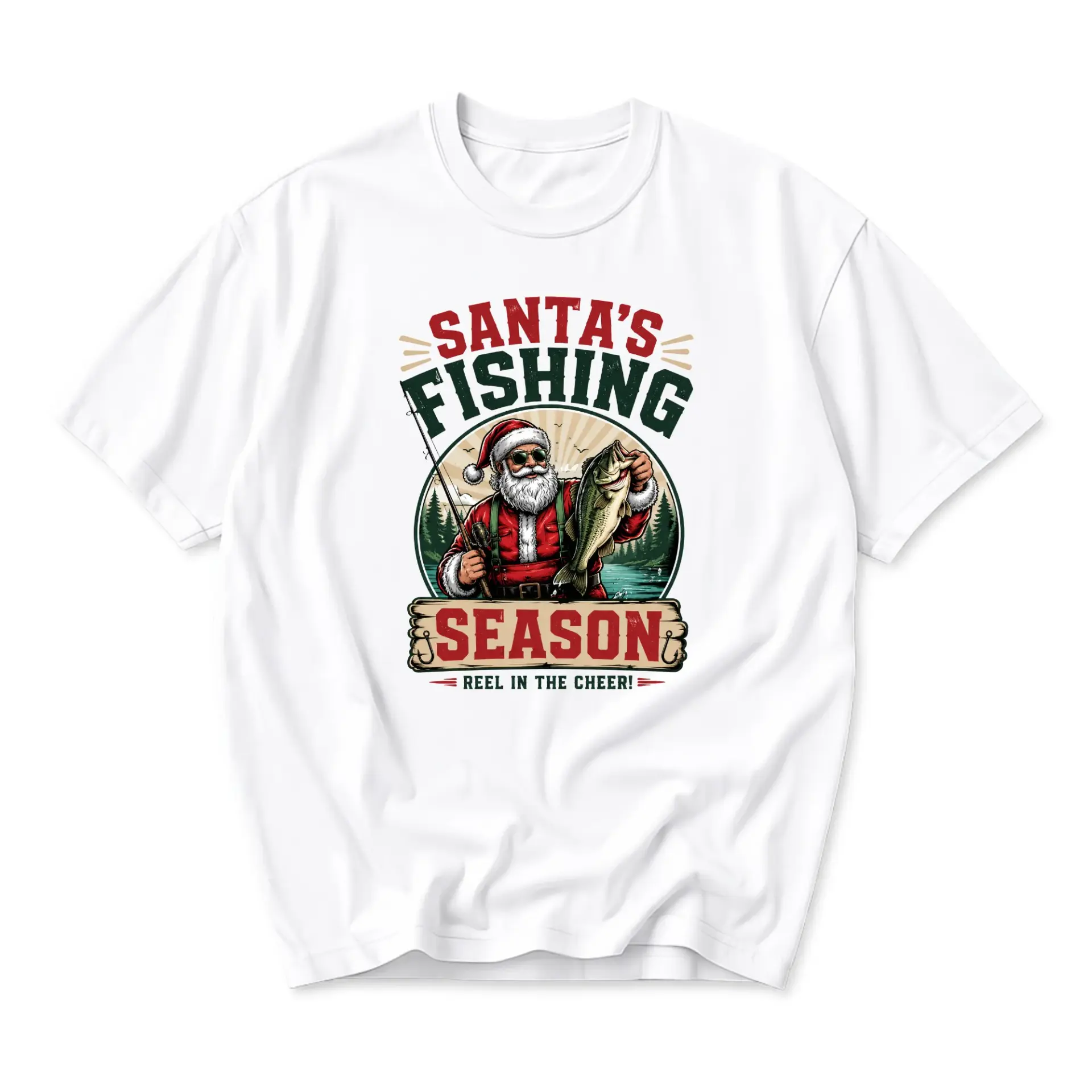 Graphic Tee Santa Fishing Season Unisex Shirt Holiday Fisherman Crew Neck