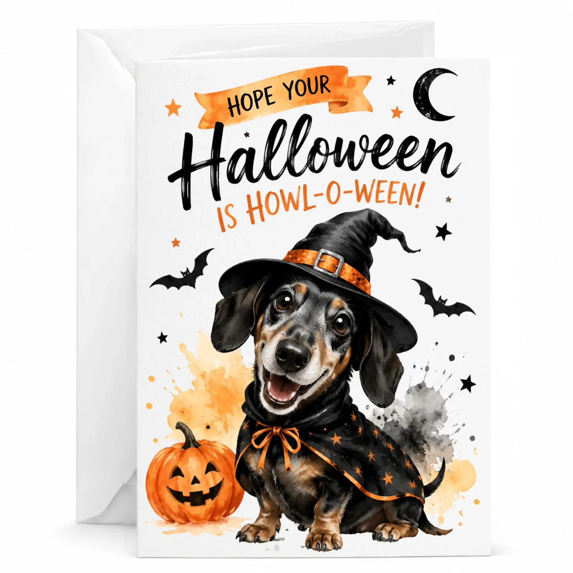 Funny Halloween Greeting Card Featuring an Adorable Dachshund Dog in a Witch Hat for Fall Seasonal Well Wishes