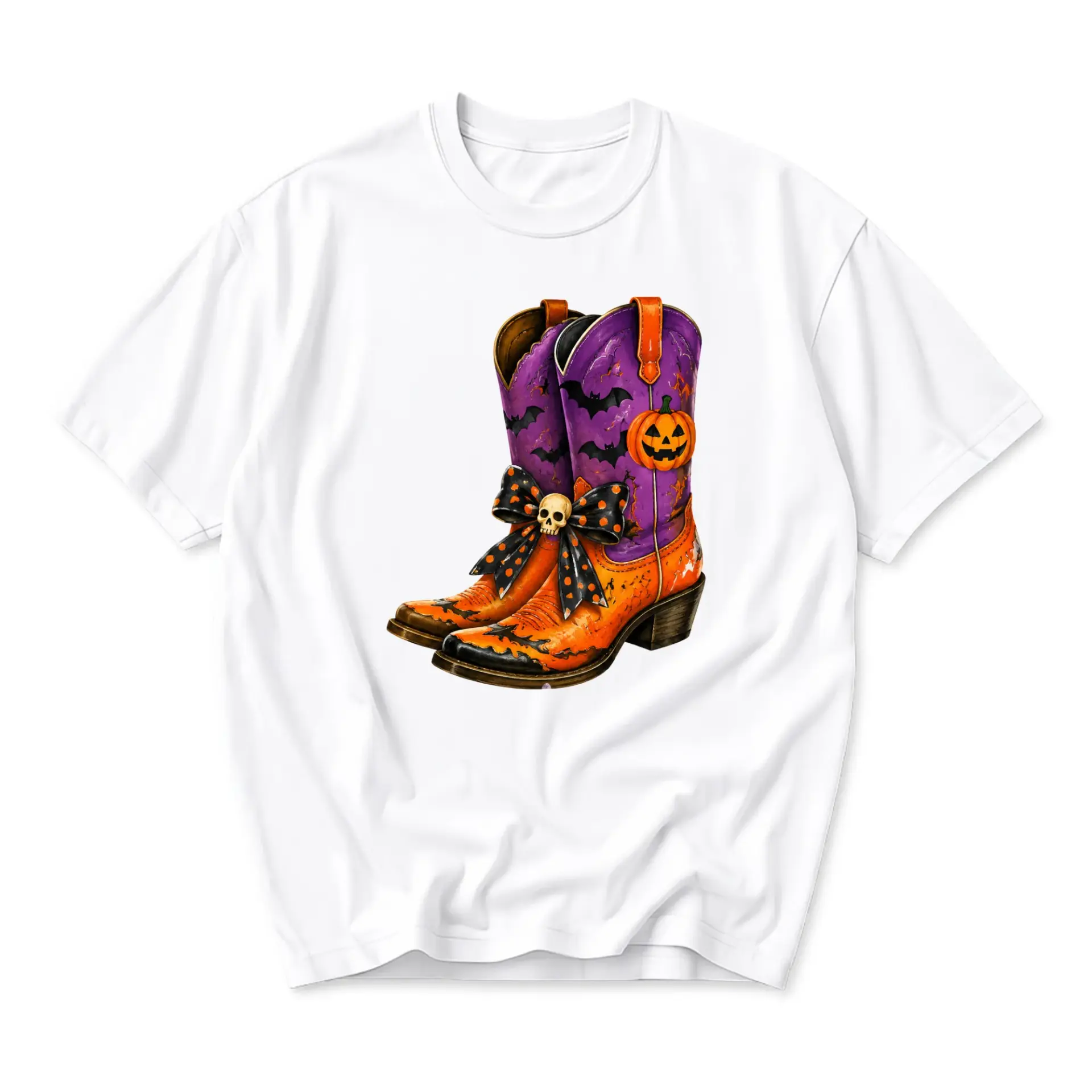 Graphic Tee Unisex Halloween Cowboy Boots Print Shirt Casual Everyday Apparel for Seasonal Holiday Enthusiasts
