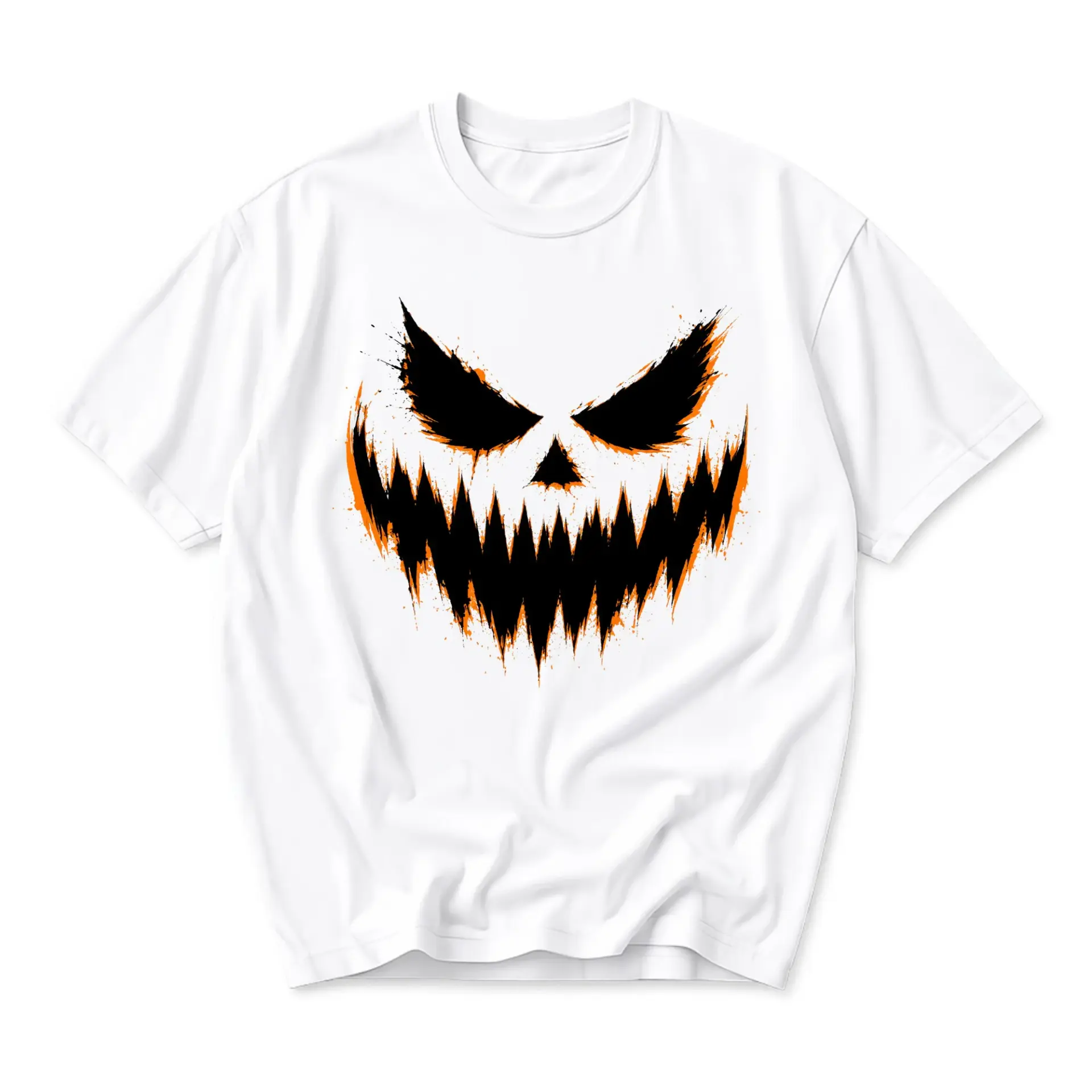 Graphic Tee Unisex Crew Neck T-Shirt Featuring Spooky Splatter Jack O Lantern Face Print for Casual Halloween Wear