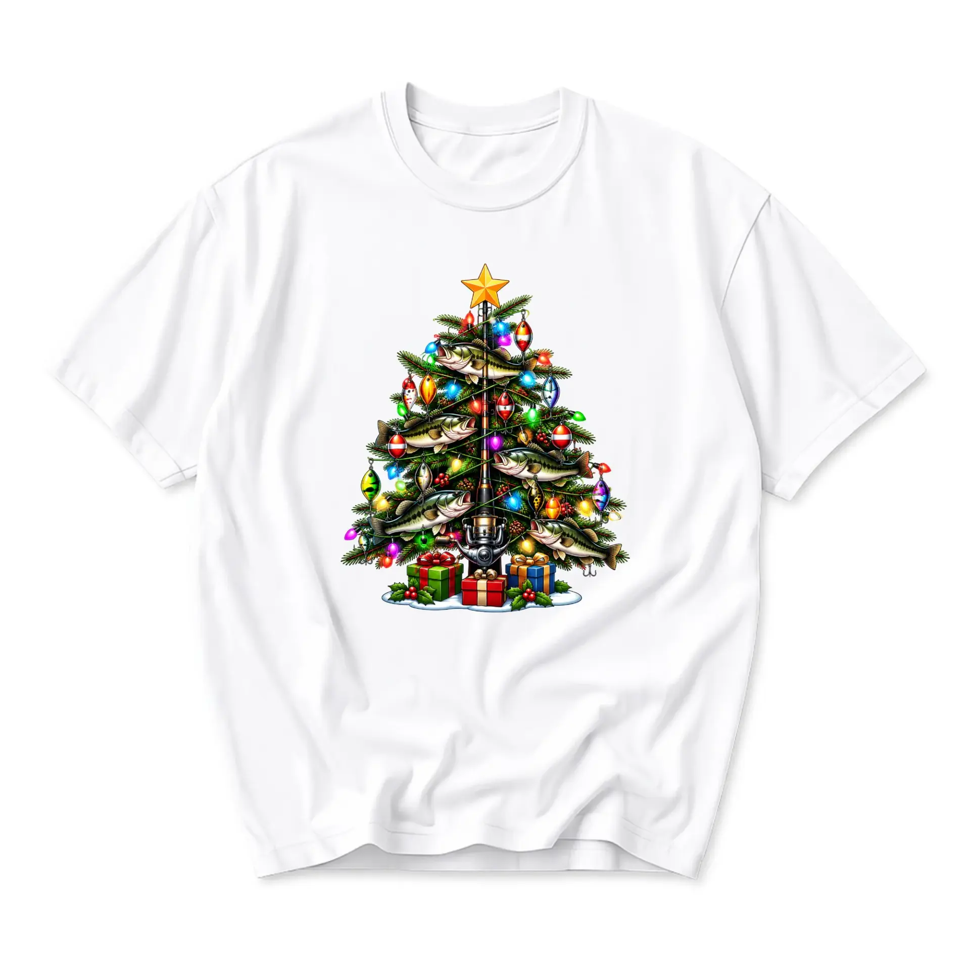 Graphic Tee Christmas Fishing Tree Shirt Holiday Fisherman Apparel Casual Crew Neck Unisex Short Sleeve Top