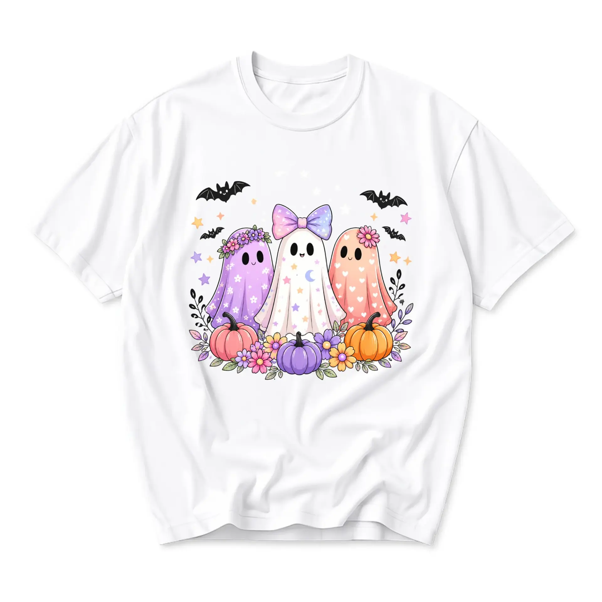 T-shirt Cute Pastel Ghost Trio Graphic Tee Floral Pumpkin Fall Design Casual Unisex Crew Neck Seasonal Aesthetic Shirt