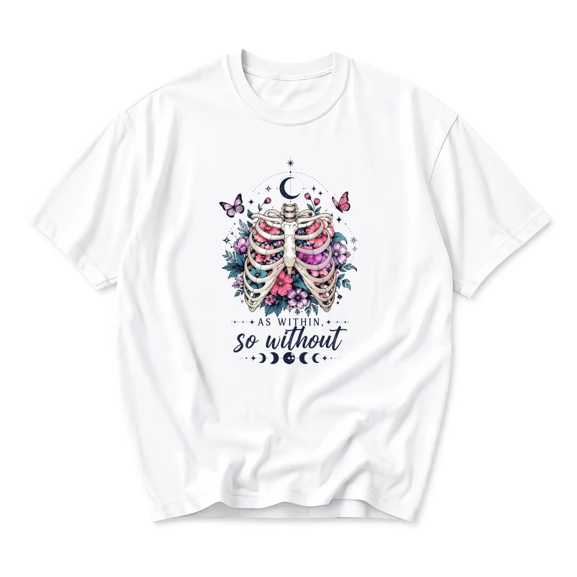 Graphic Tee as Within so Without Celestial Skeleton Floral Unisex Short Sleeve Crew Neck Casual Cotton Shirt