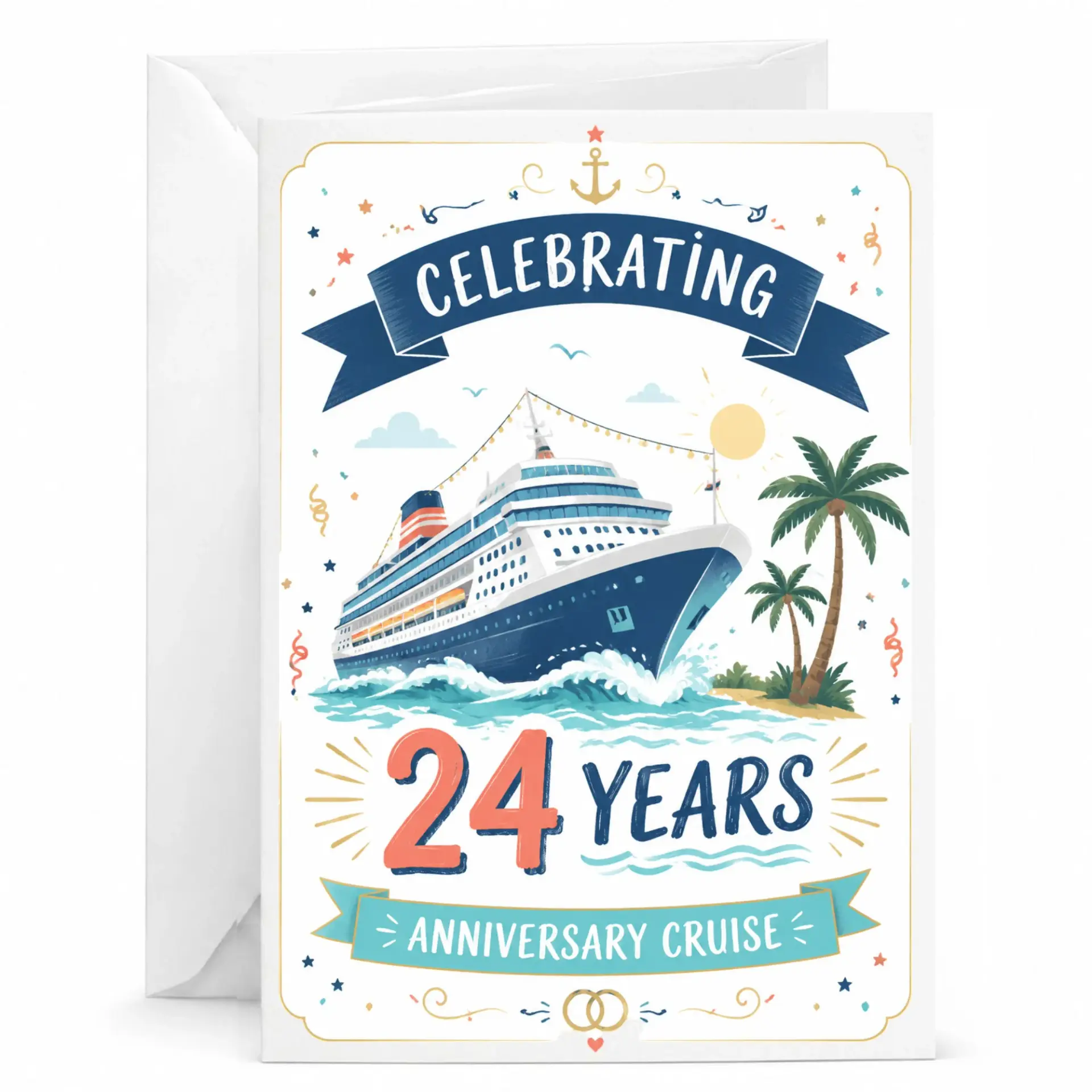 Anniversary Cruise Greeting Card, 24 Years Together Nautical Ocean Travel Card for Spouse or Partner, 5x7 Folded Note