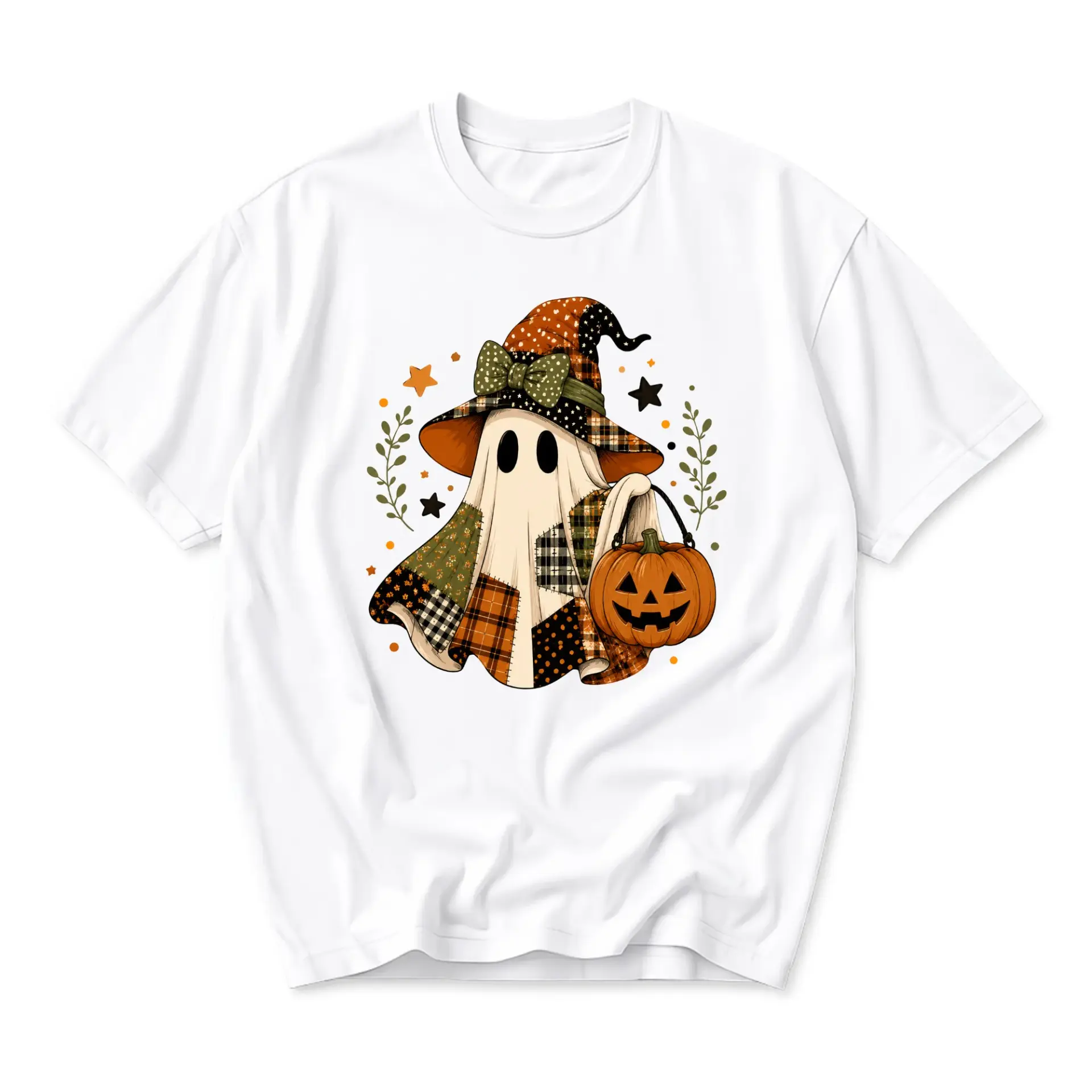 Graphic Tee Cute Ghost Wearing Witch Hat and Carrying Pumpkin Basket for Autumn Season Fall Holiday Apparel