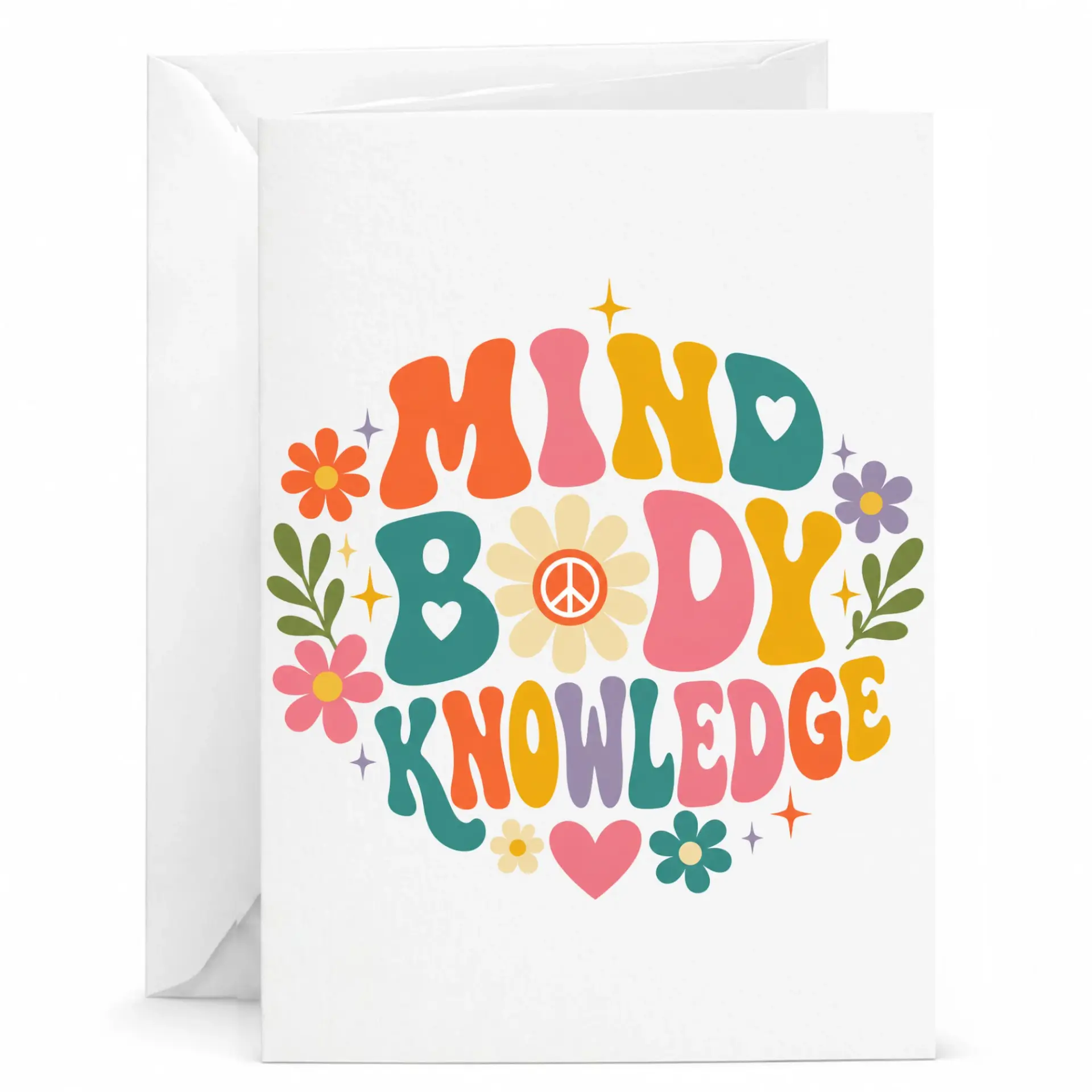 Greeting Card with Retro Floral Mind Body Knowledge Design Inspirational 70s Style Note for Various Occasions
