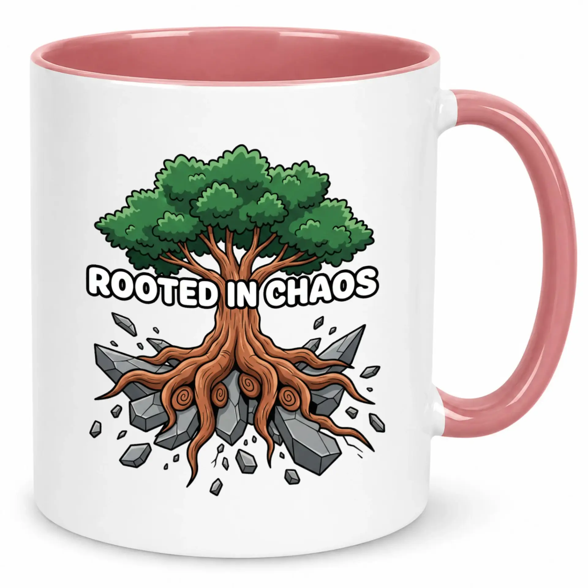 Funny Rooted in Chaos Ceramic Coffee Mug with Tree and Strong Roots Design, Unique White and Pink Glossy Finish Cup for Daily Beverages